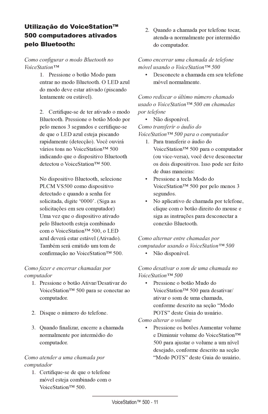 Polycom voicestation 500 manual Como conﬁgurar o modo Bluetooth no VoiceStation 