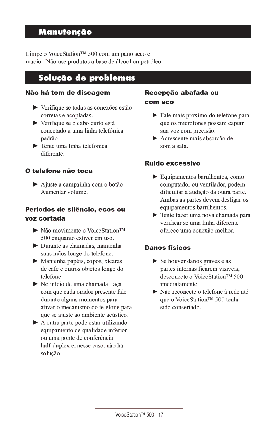 Polycom voicestation 500 manual Manutenção, Solução de problemas 