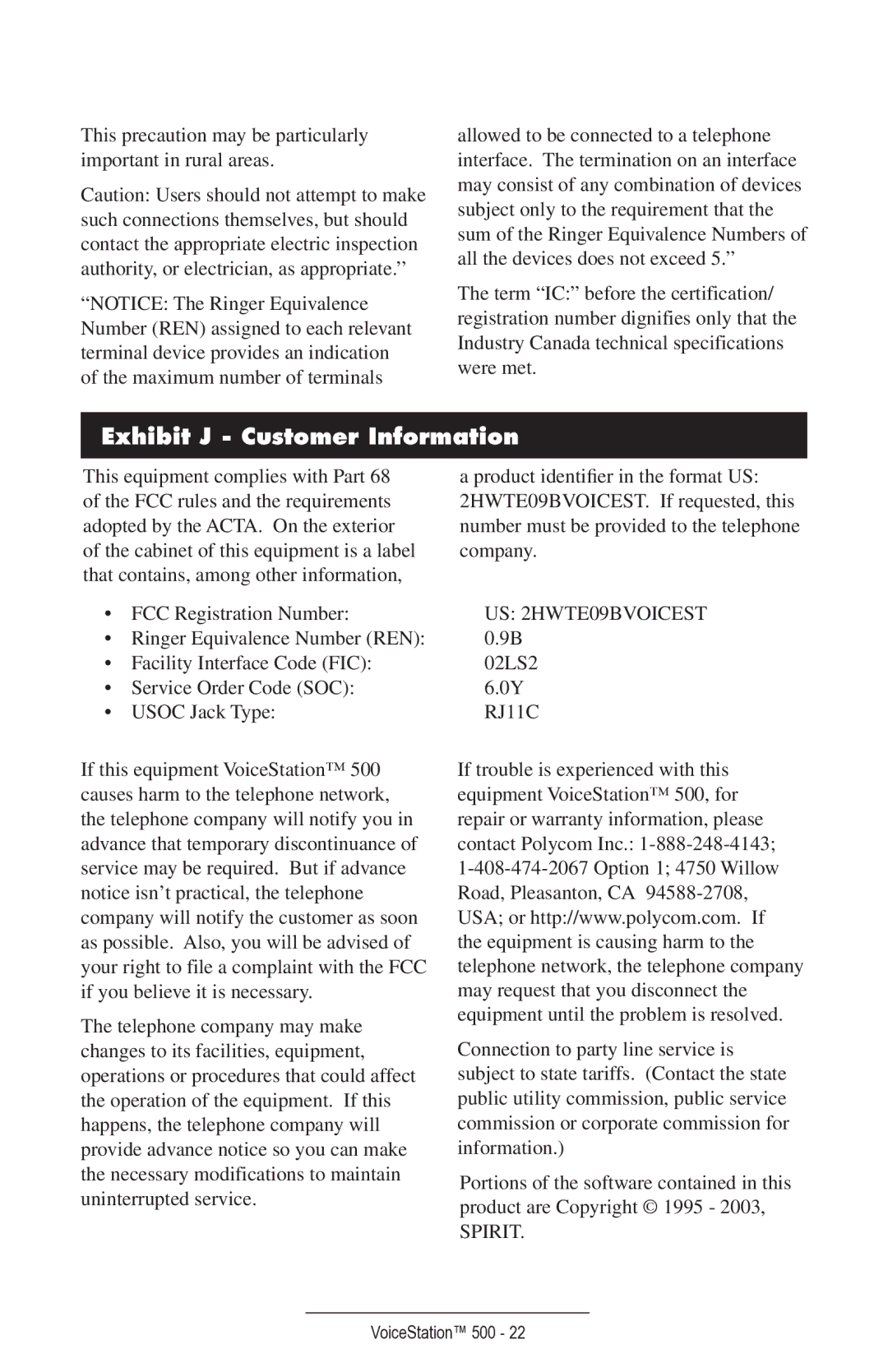 Polycom voicestation 500 manual Exhibit J Customer Information 