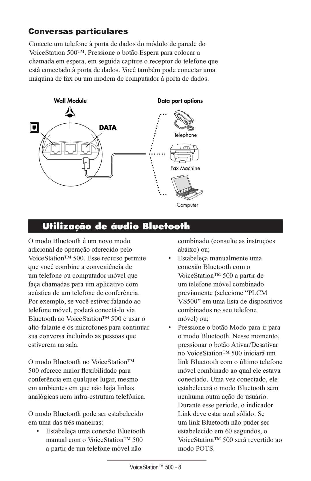 Polycom voicestation 500 manual Utilização de áudio Bluetooth, Conversas particulares 