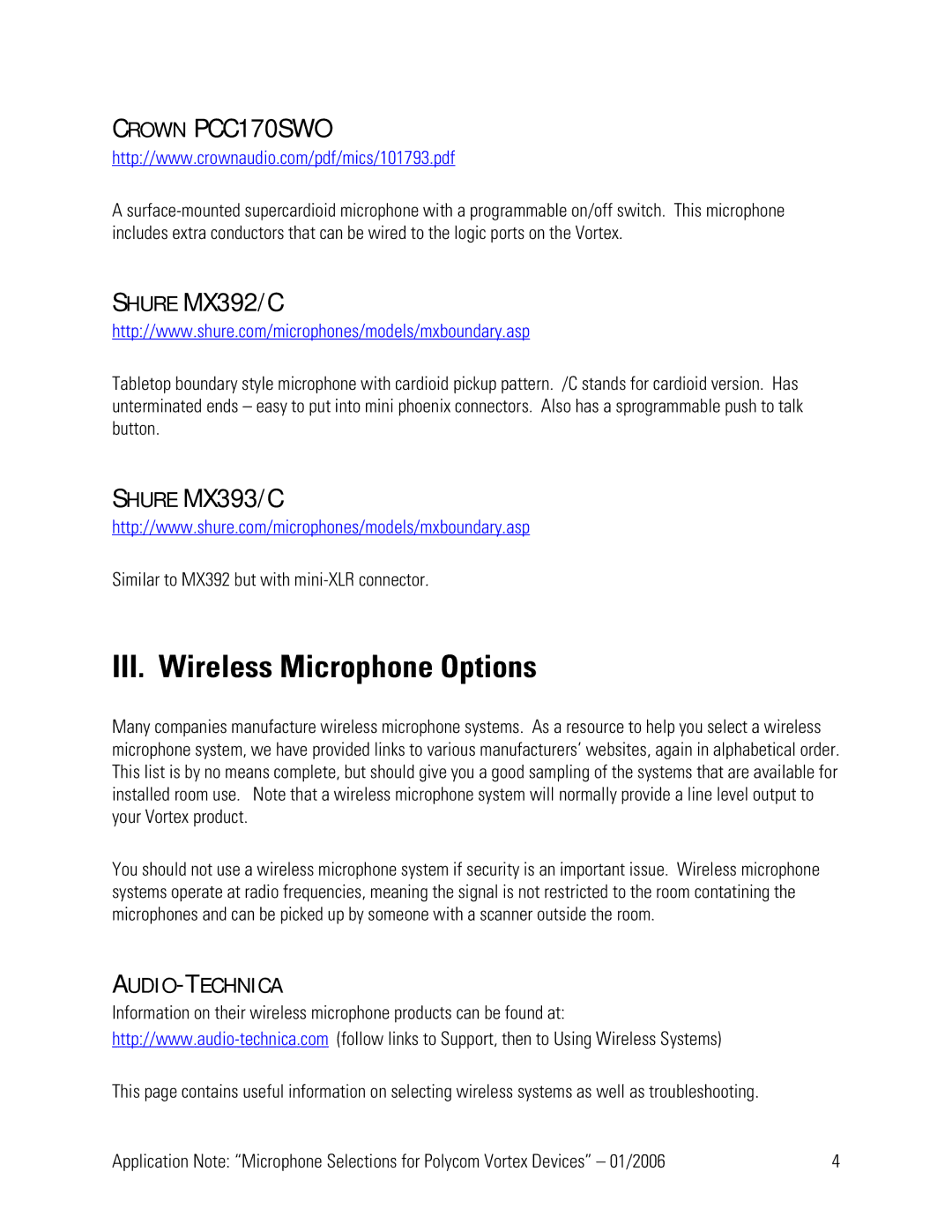 Polycom Vortex manual III. Wireless Microphone Options, Crown PCC170SWO, Shure MX392/C, Shure MX393/C, Audio-Technica 