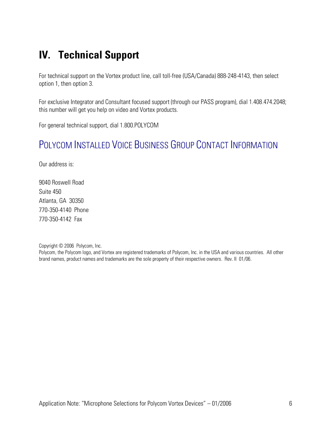 Polycom Vortex manual IV. Technical Support, Polycom Installed Voice Business Group Contact Information 