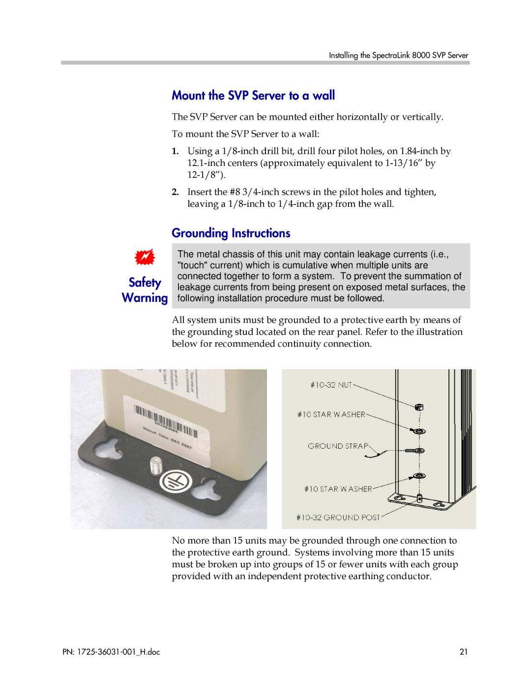 Polycom 1725-36031-001, VP010 manual Mount the SVP Server to a wall, Grounding Instructions Safety 