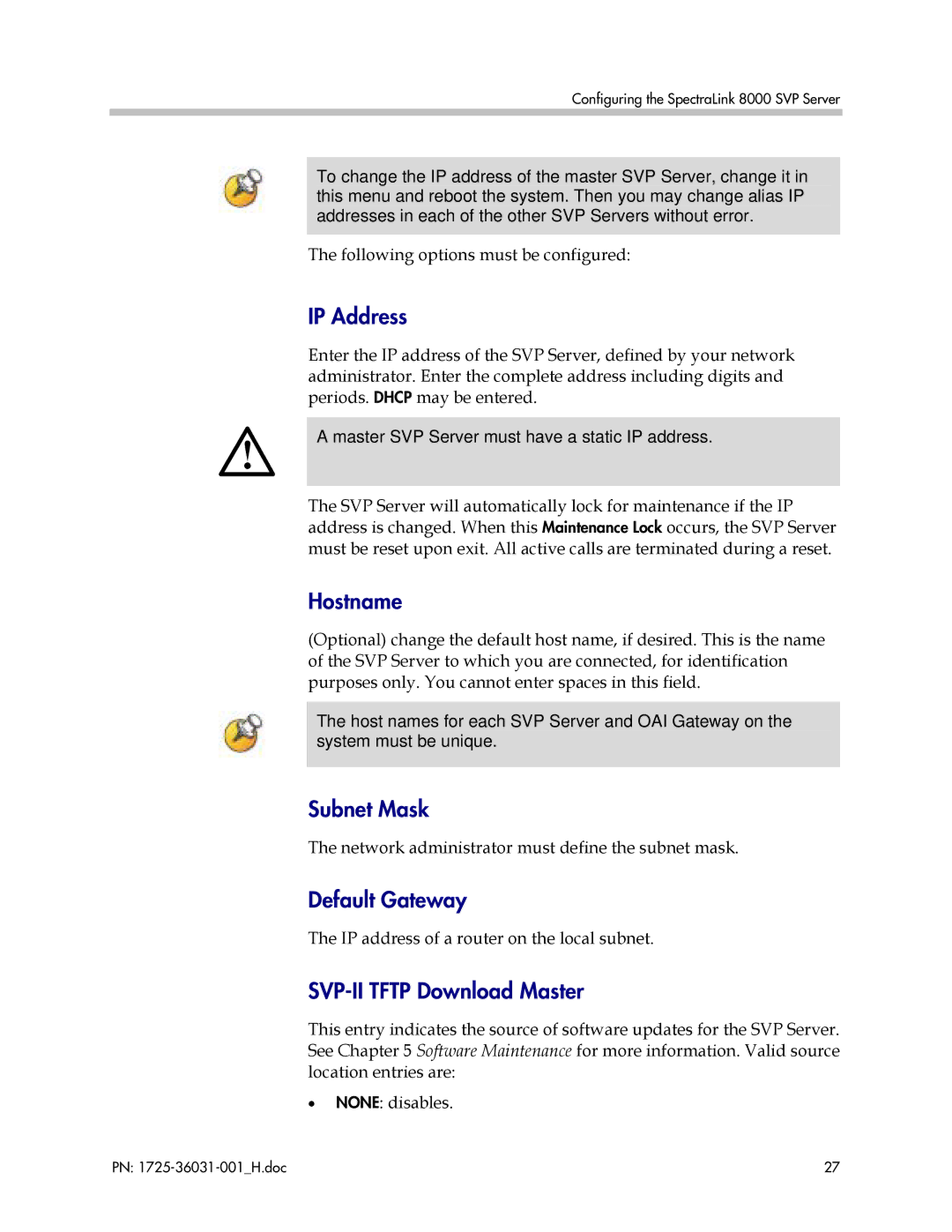 Polycom 1725-36031-001, VP010 manual IP Address, Hostname, Subnet Mask, Default Gateway, SVP-II Tftp Download Master 