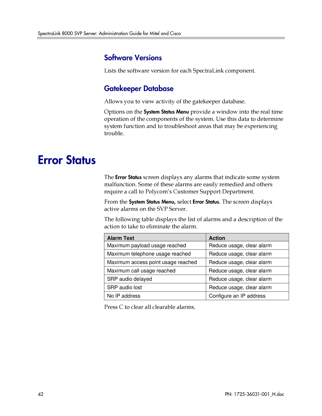 Polycom VP010, 1725-36031-001 manual Error Status, Software Versions, Gatekeeper Database 