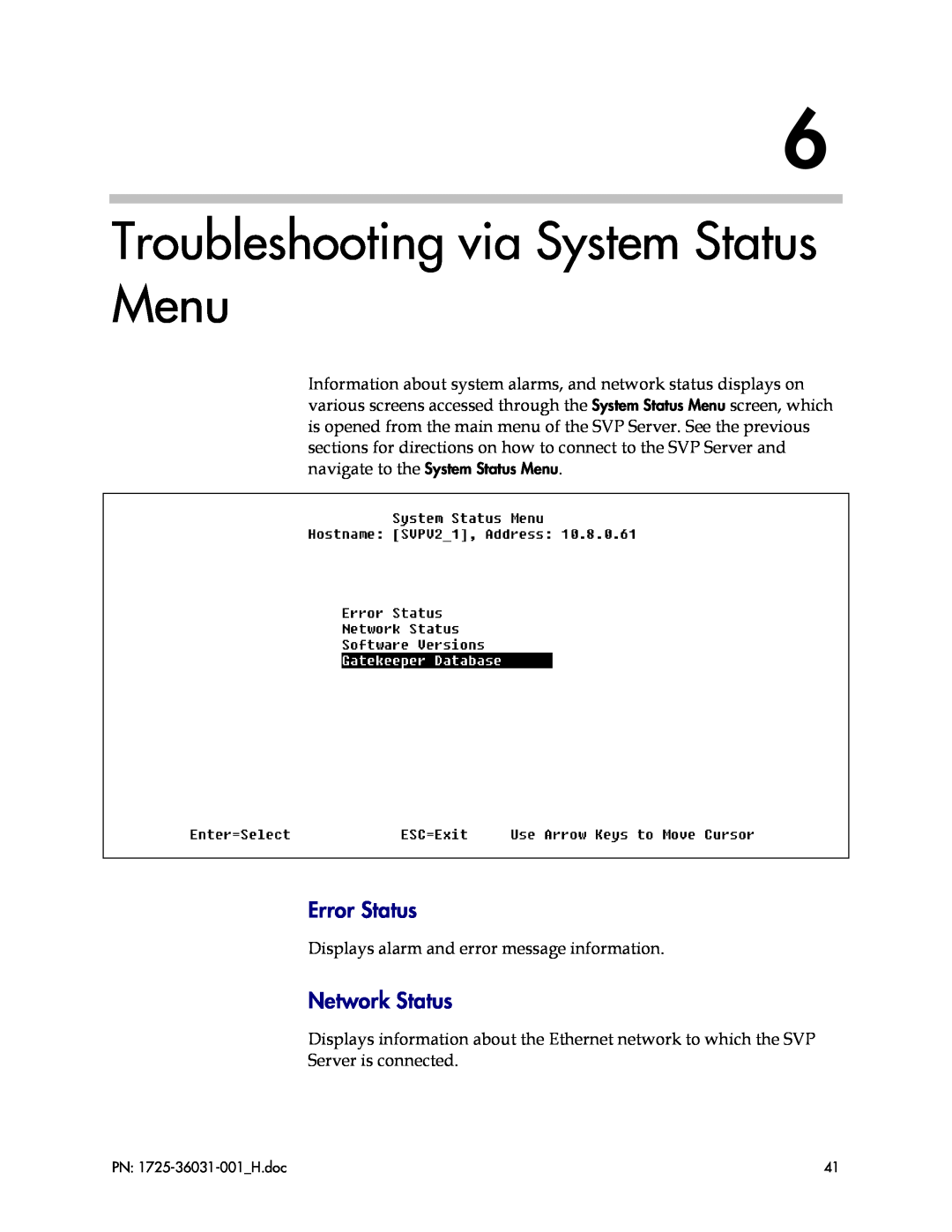 Polycom 1725-36031-001, VP010 manual Troubleshooting via System Status Menu, Error Status, Network Status 