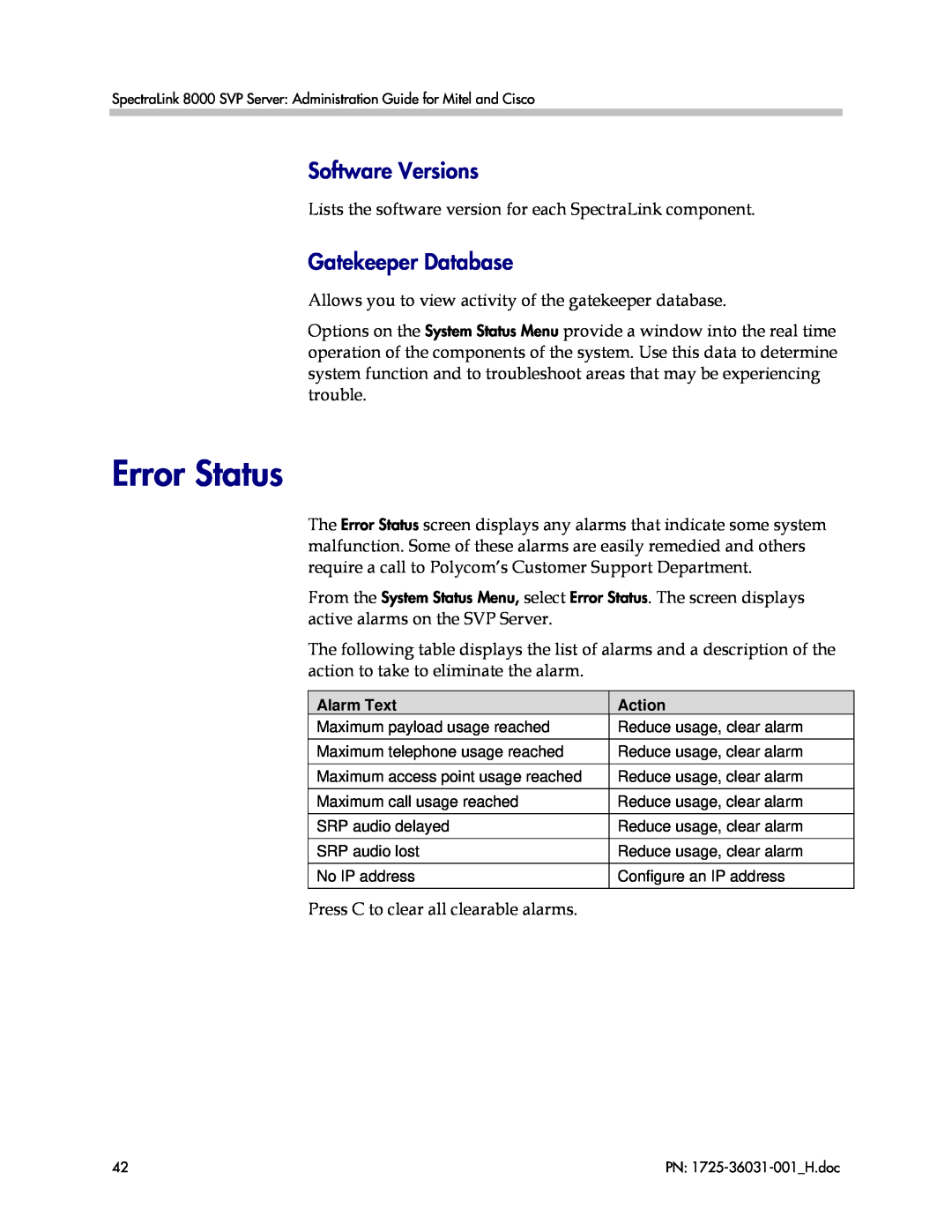 Polycom VP010, 1725-36031-001 manual Error Status, Software Versions, Gatekeeper Database 