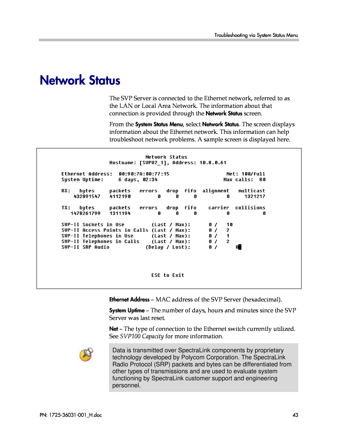Polycom 1725-36031-001, VP010 manual Network Status 