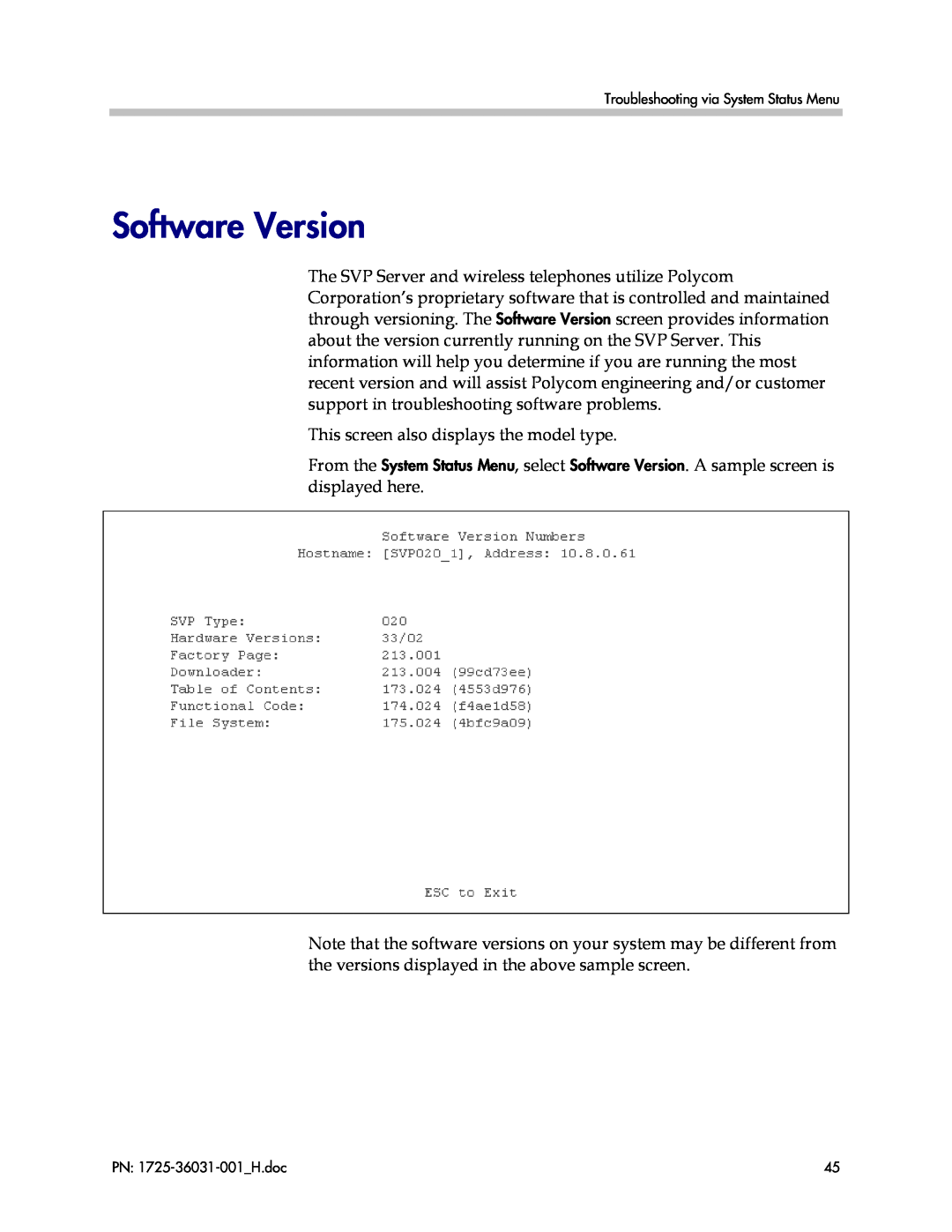 Polycom 1725-36031-001, VP010 manual Software Version 