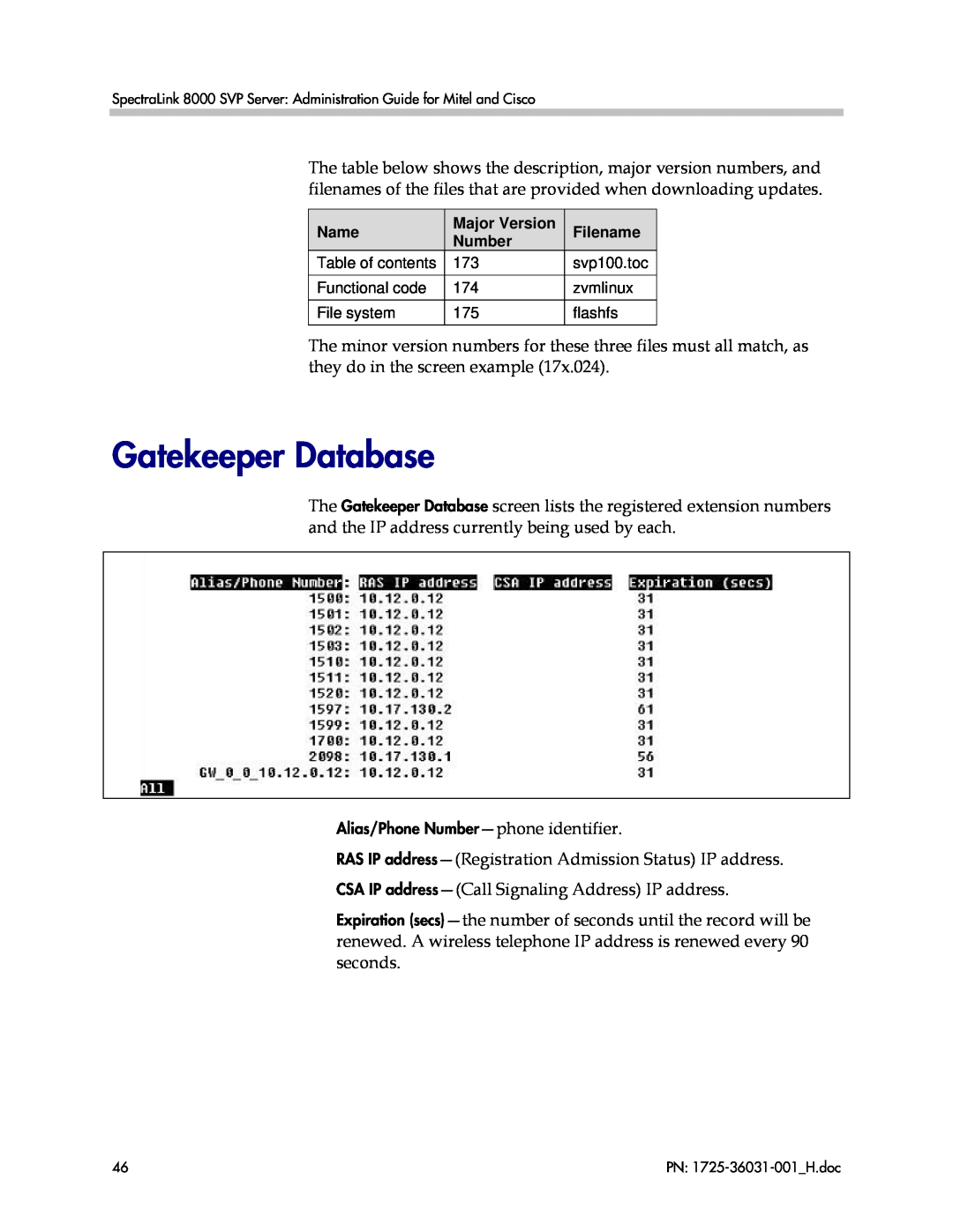Polycom VP010, 1725-36031-001 manual Gatekeeper Database, Name, Major Version, Filename, Number 