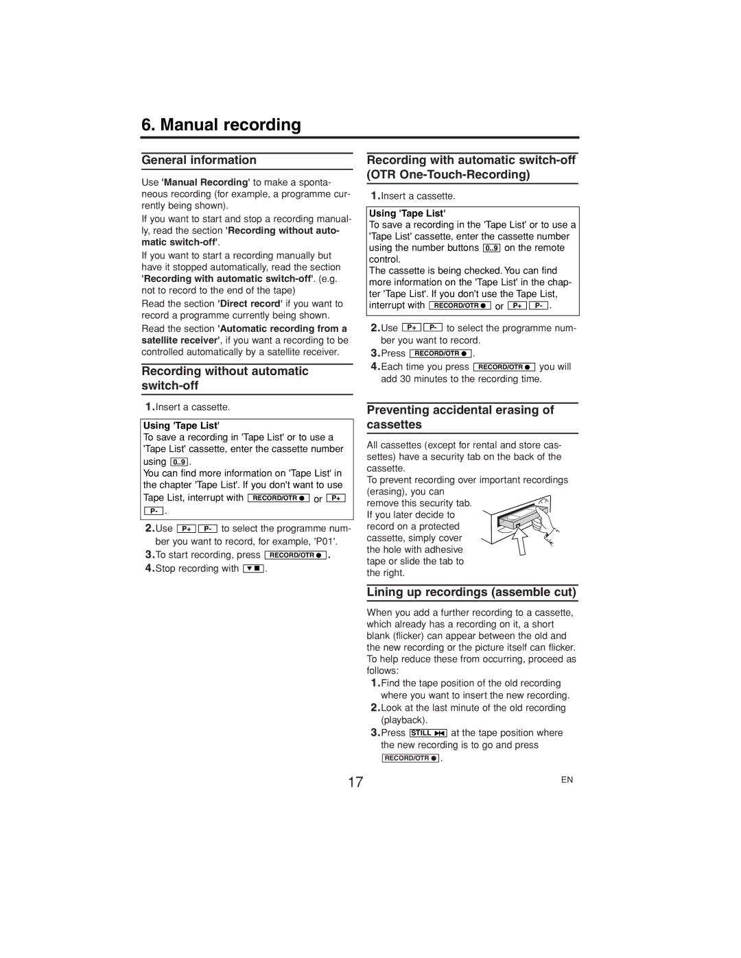 Polycom VR630/07 Manual recording, Recording without automatic switch-off, Preventing accidental erasing of cassettes 