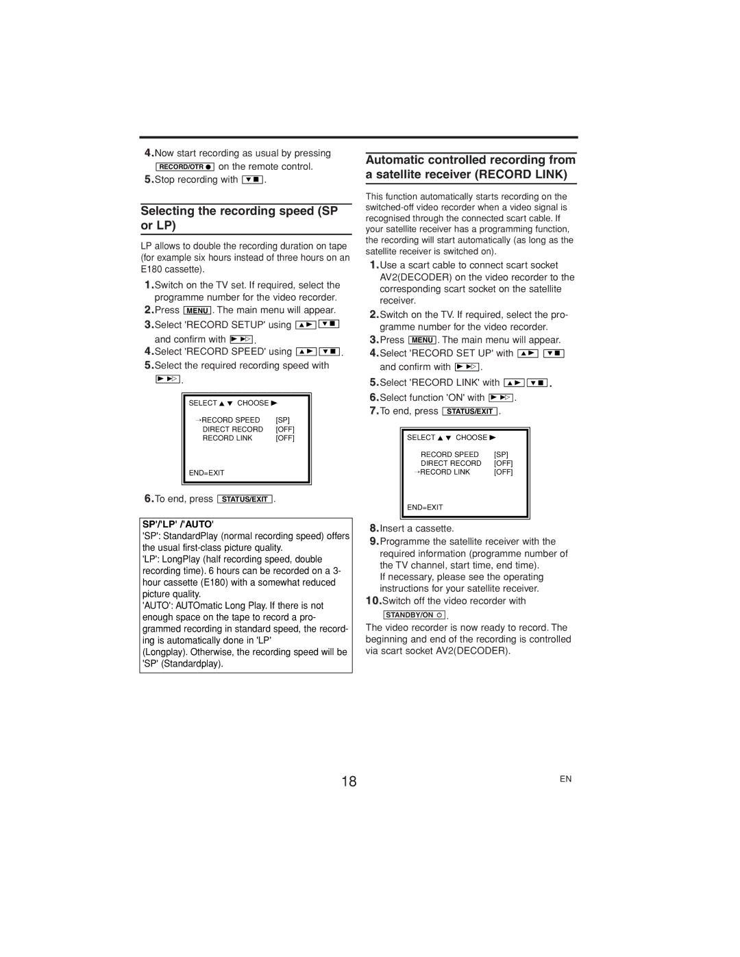 Polycom VR630/07 manual Selecting the recording speed SP or LP, Sp/Lp /Auto 