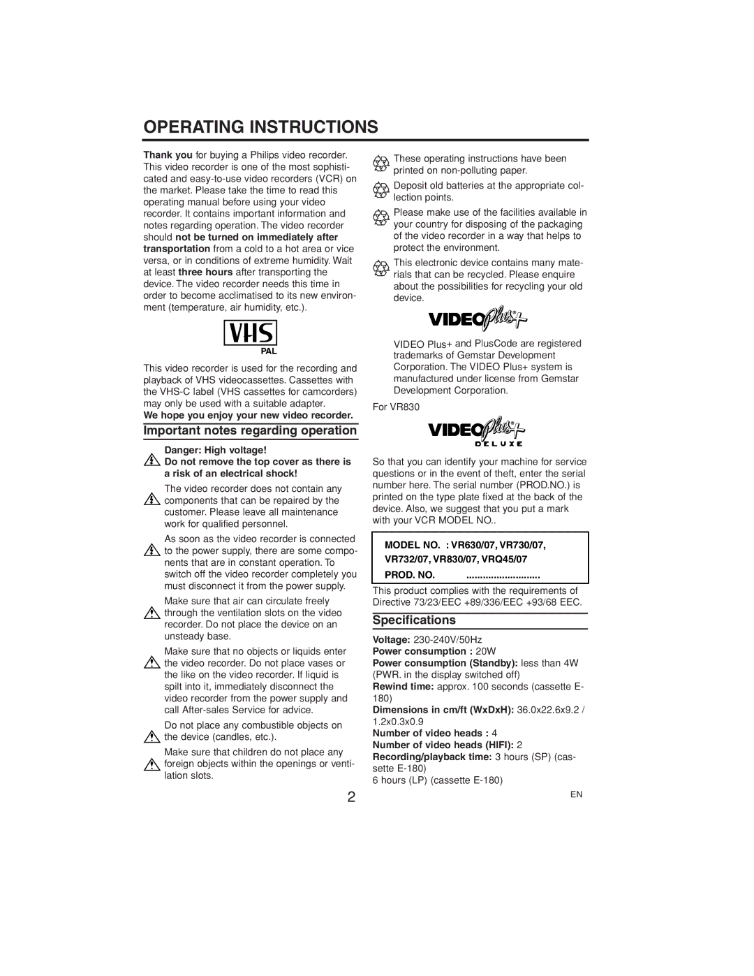 Polycom VR630/07 manual Important notes regarding operation, Specifications, We hope you enjoy your new video recorder 