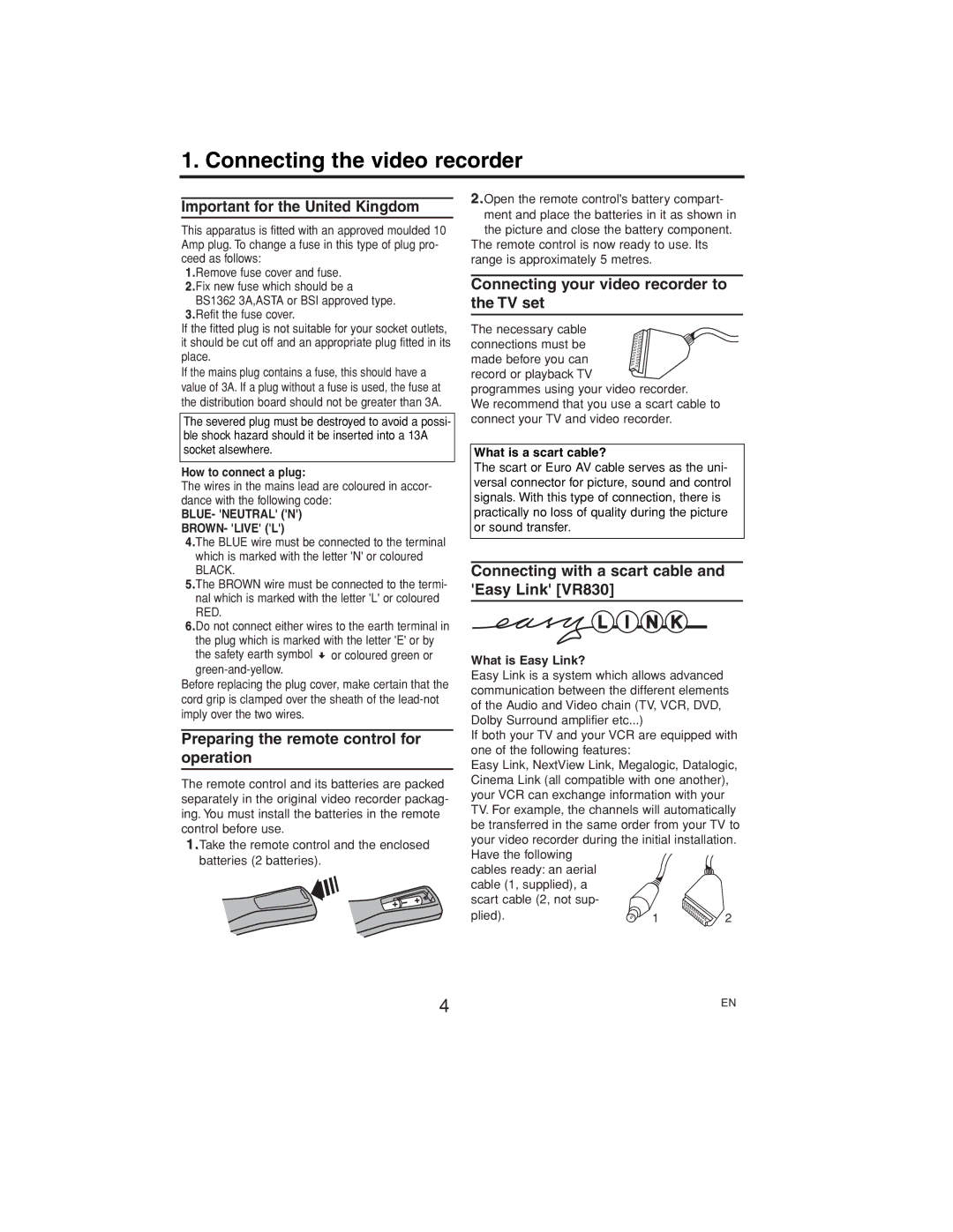 Polycom VR630/07 manual Connecting the video recorder, Important for the United Kingdom 