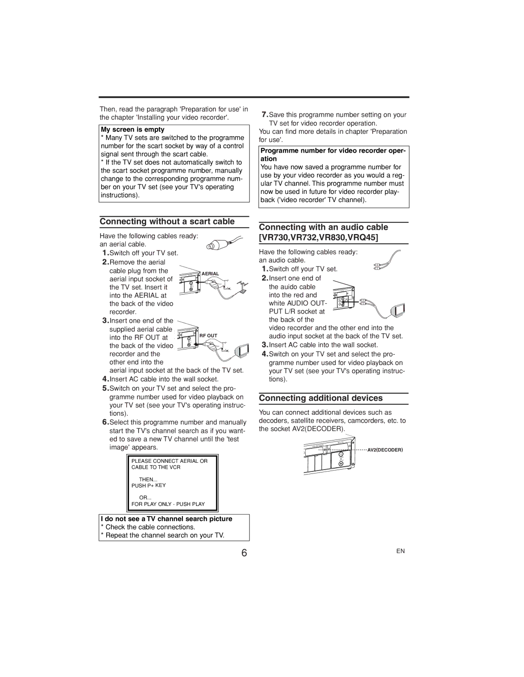 Polycom VR630/07 manual Connecting without a scart cable, Connecting with an audio cable VR730,VR732,VR830,VRQ45 