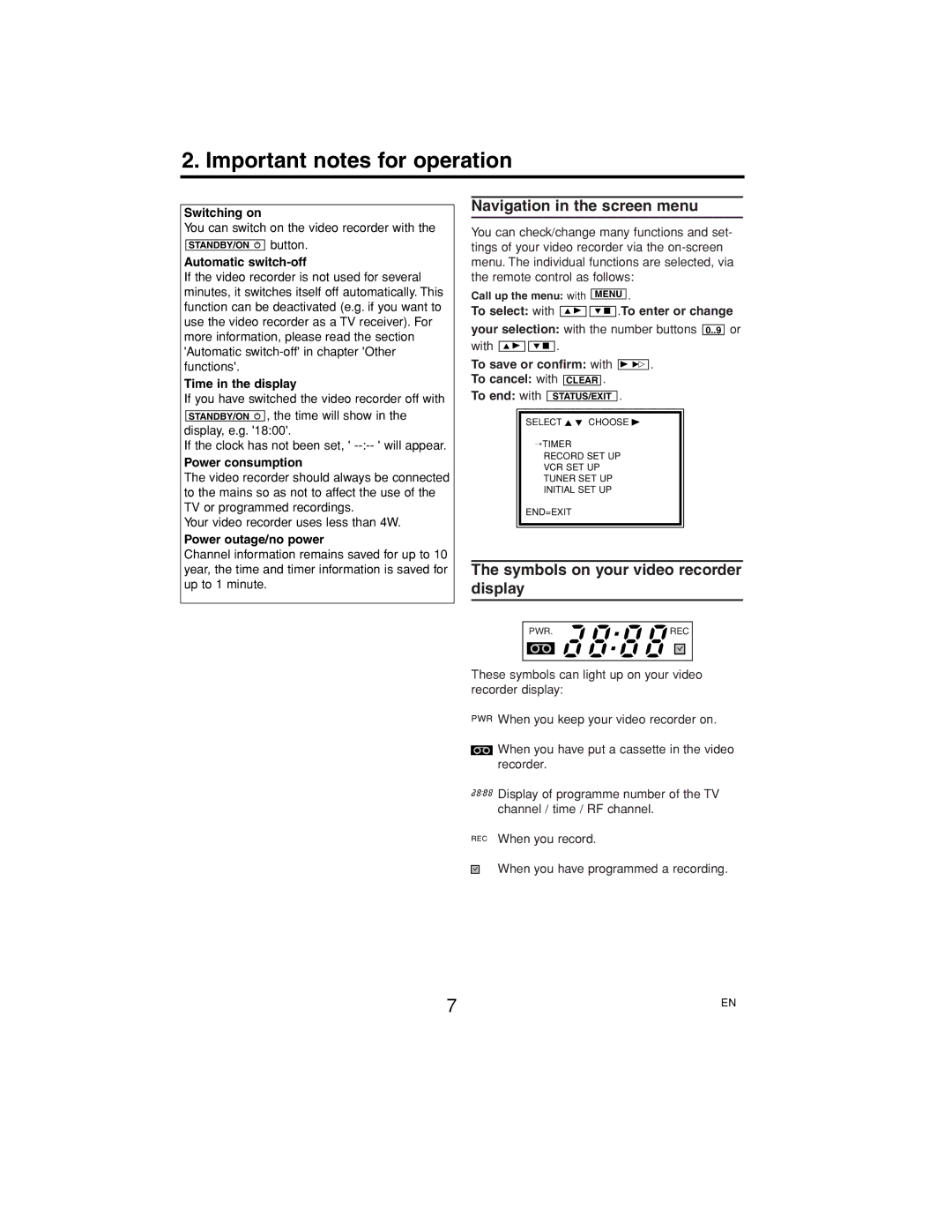 Polycom VR630/07 Important notes for operation, Navigation in the screen menu, Symbols on your video recorder display 