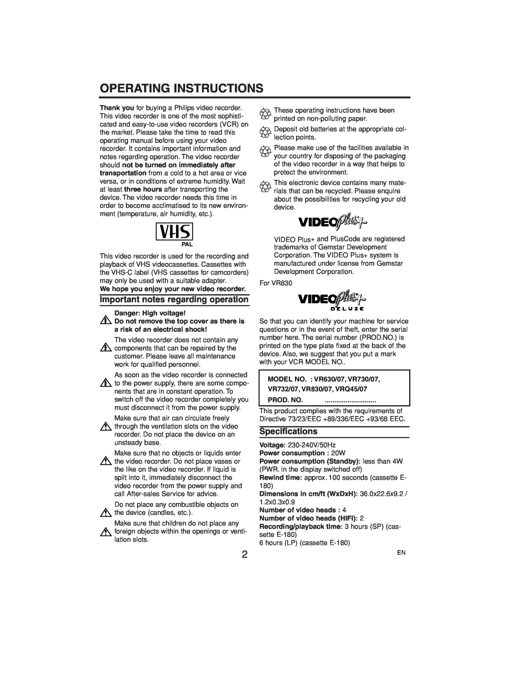 Polycom VR630/07 manual Operating Instructions, Important notes regarding operation, Specifications, Danger High voltage 