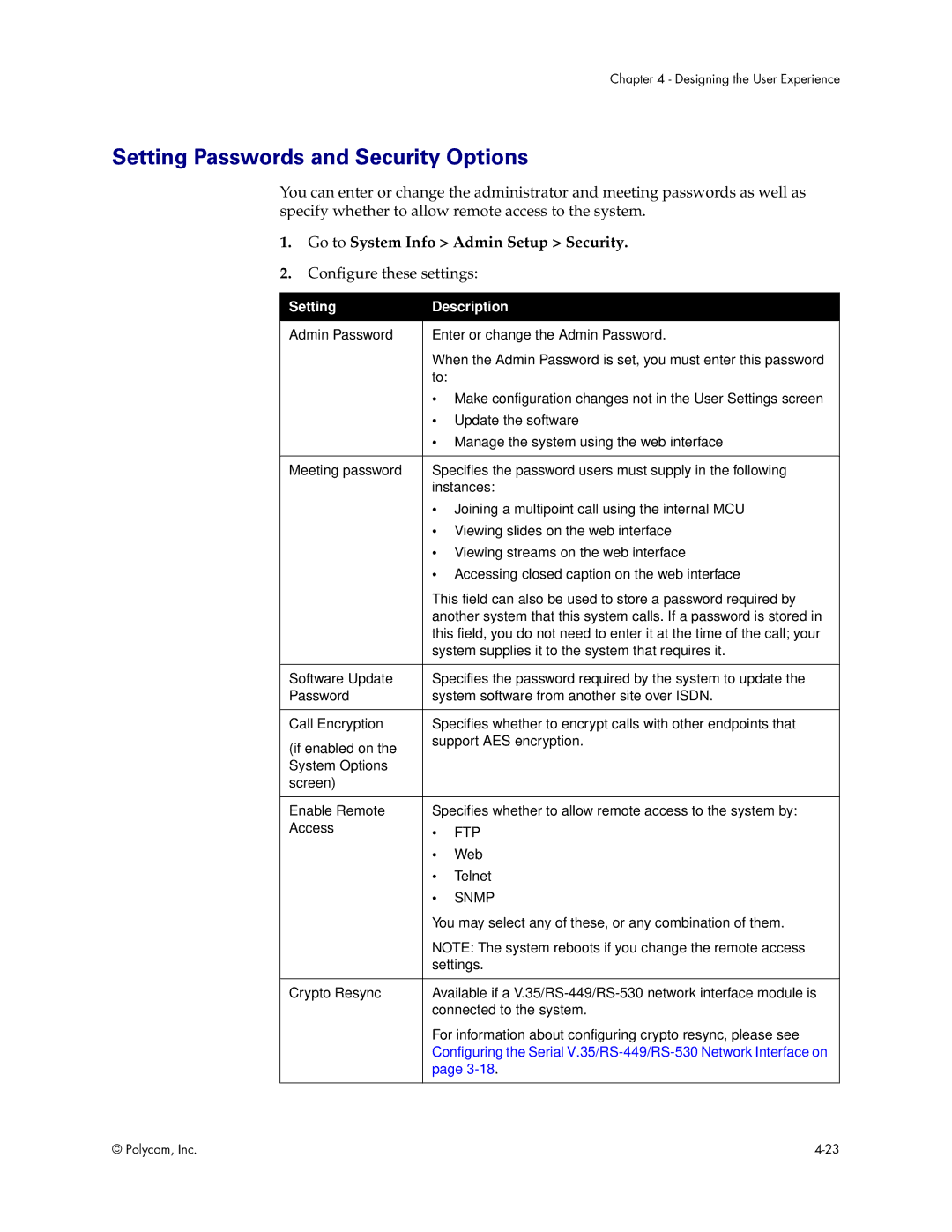 Polycom VS4000 manual Setting Passwords and Security Options, Configure these settings 