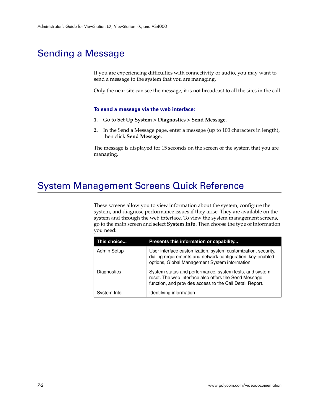 Polycom VS4000 manual Sending a Message, System Management Screens Quick Reference, To send a message via the web interface 