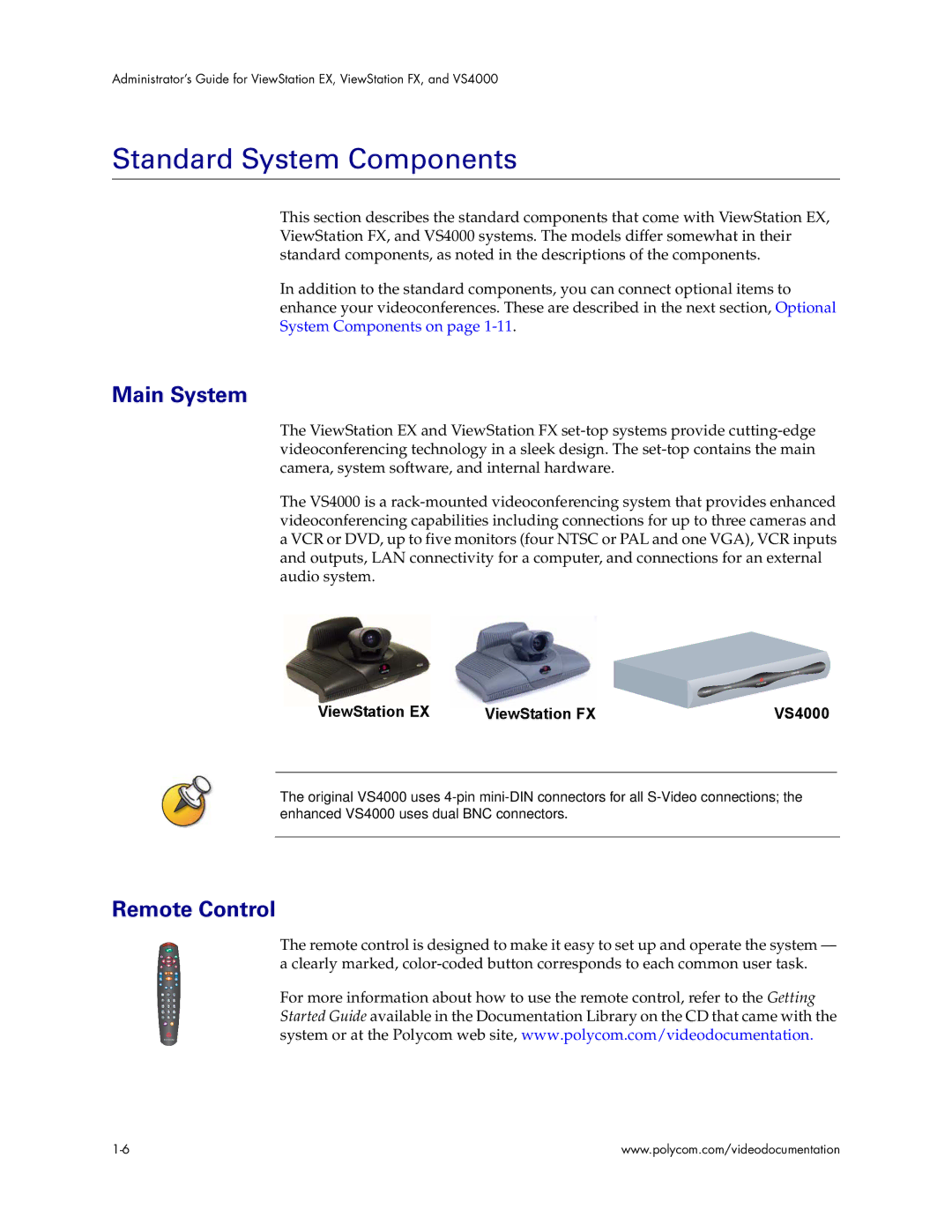 Polycom VS4000 manual Standard System Components, Main System, Remote Control 