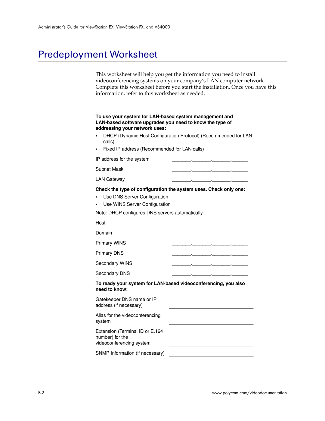 Polycom VS4000 manual Predeployment Worksheet 