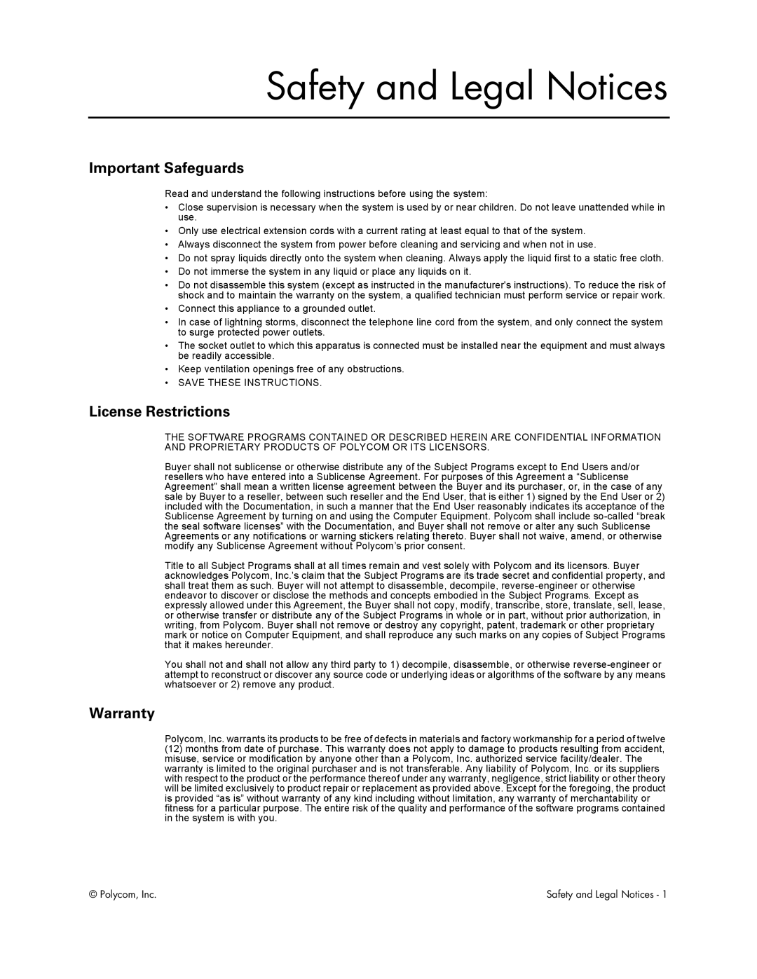 Polycom VS4000 manual Safety and Legal Notices, Important Safeguards 