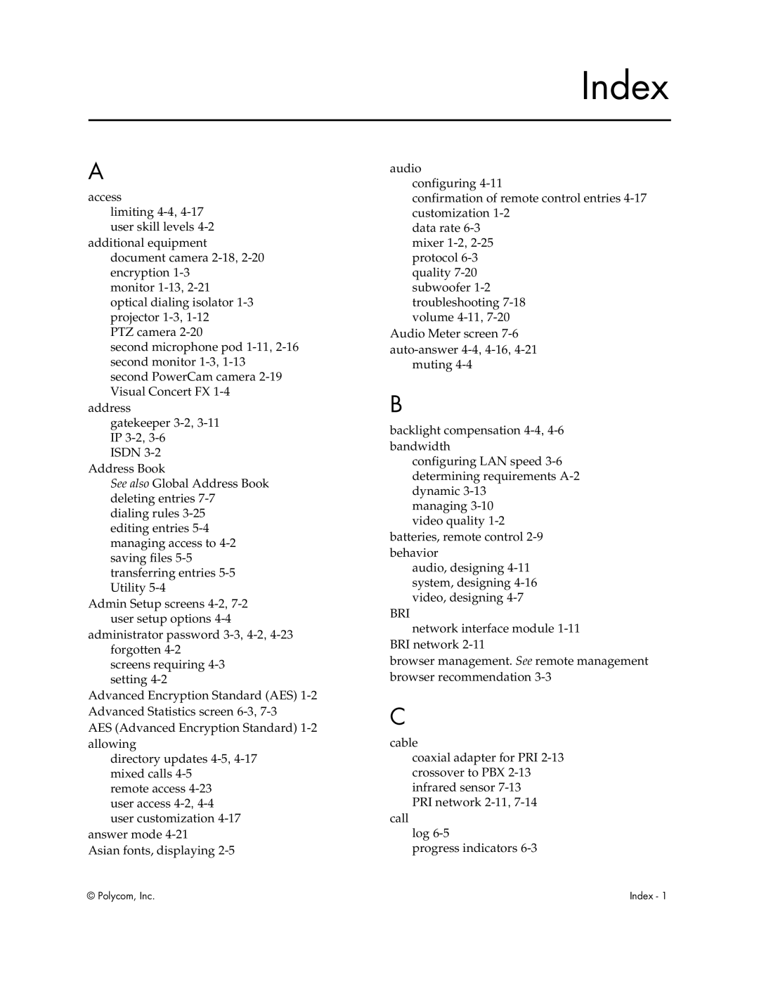 Polycom VS4000 manual Index, Bri 