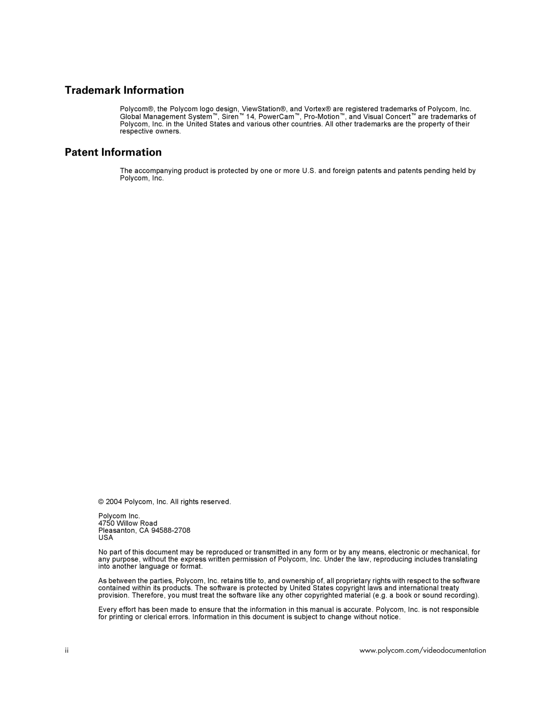 Polycom VS4000 manual Trademark Information 