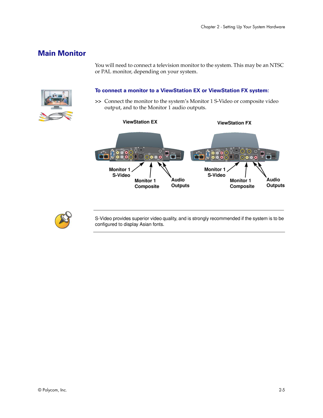 Polycom VS4000 manual Main Monitor, ViewStation EX ViewStation FX, Monitor Video Audio Composite Outputs 