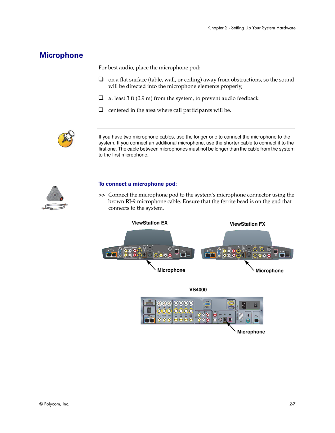 Polycom manual To connect a microphone pod, Microphone VS4000 