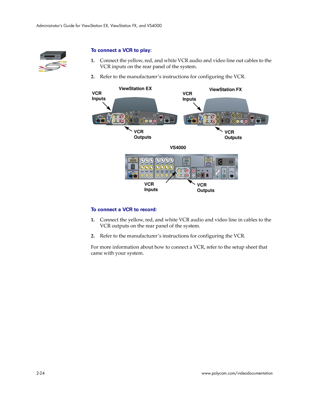 Polycom manual To connect a VCR to play, To connect a VCR to record, Outputs VS4000, Inputs Outputs 