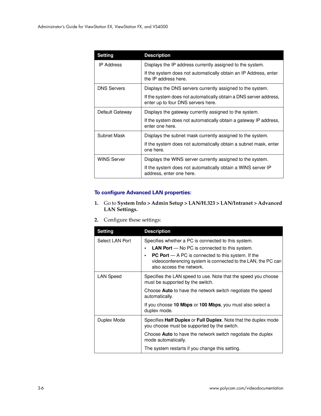 Polycom VS4000 manual To configure Advanced LAN properties 