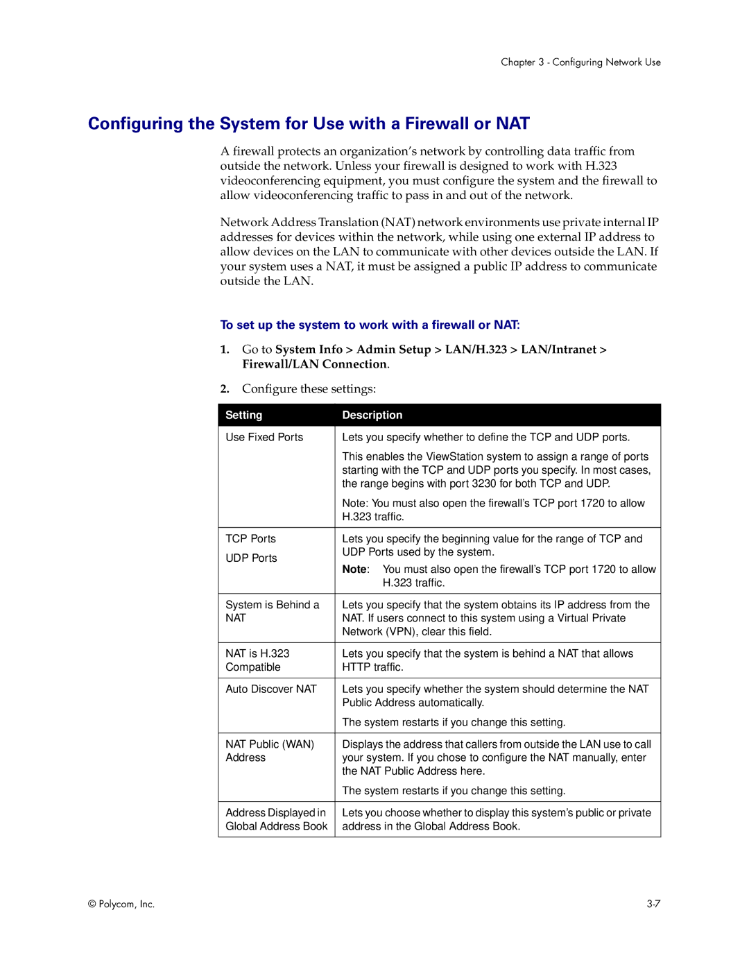 Polycom VS4000 Configuring the System for Use with a Firewall or NAT, To set up the system to work with a firewall or NAT 