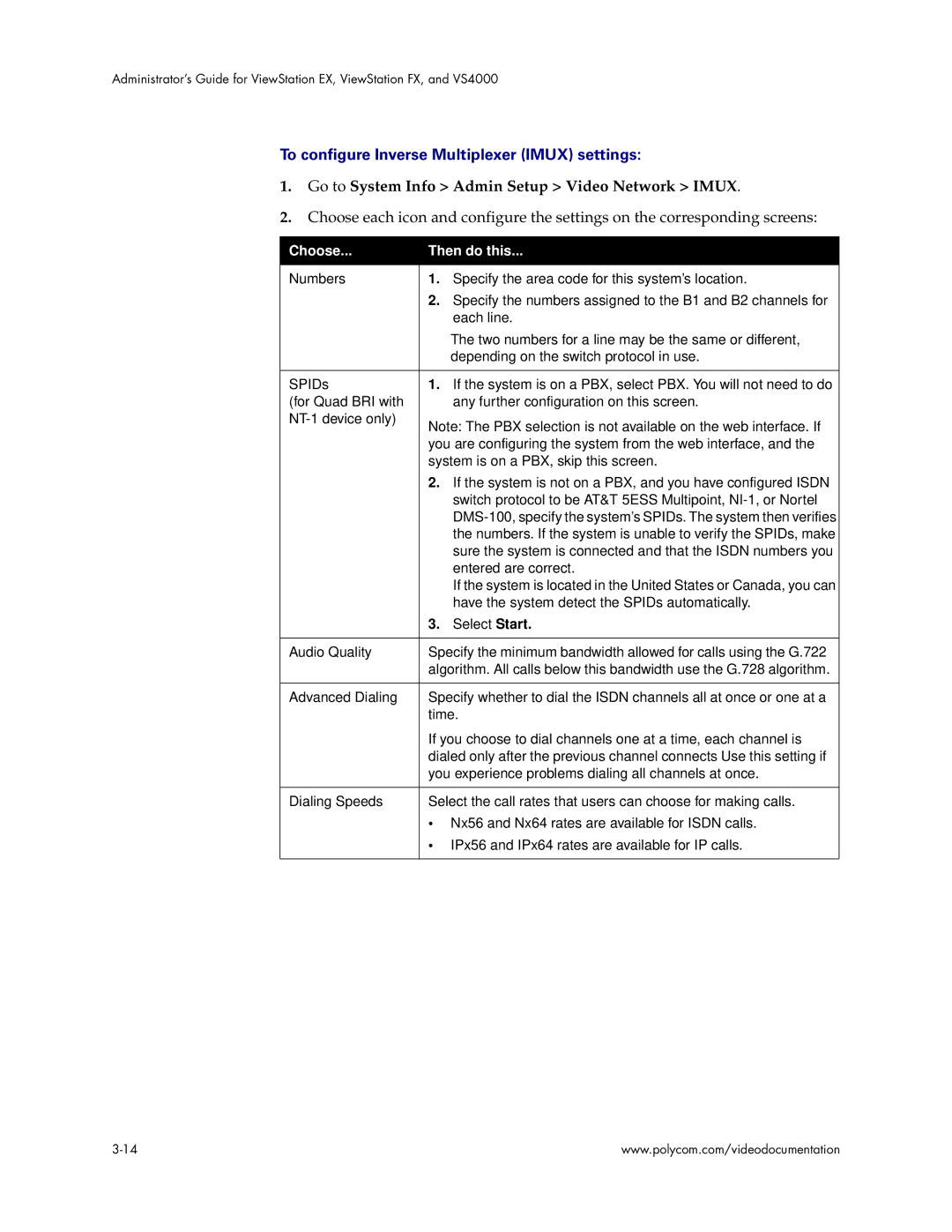 Polycom VS4000 manual To configure Inverse Multiplexer Imux settings, Go to System Info Admin Setup Video Network Imux 