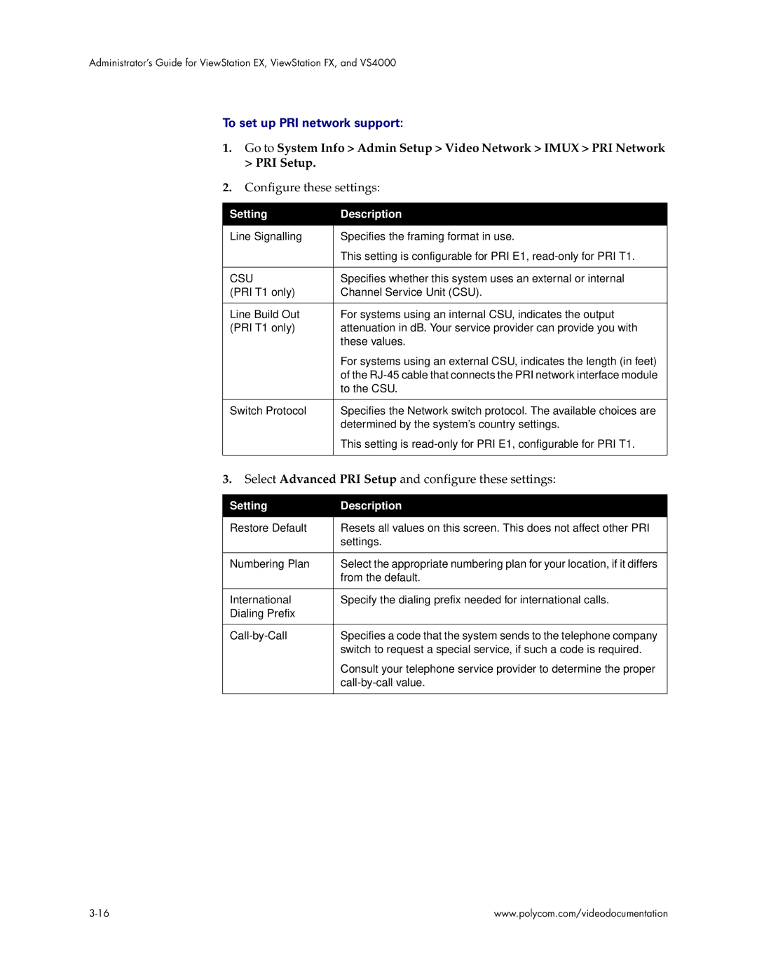 Polycom VS4000 manual To set up PRI network support, Select Advanced PRI Setup and configure these settings 