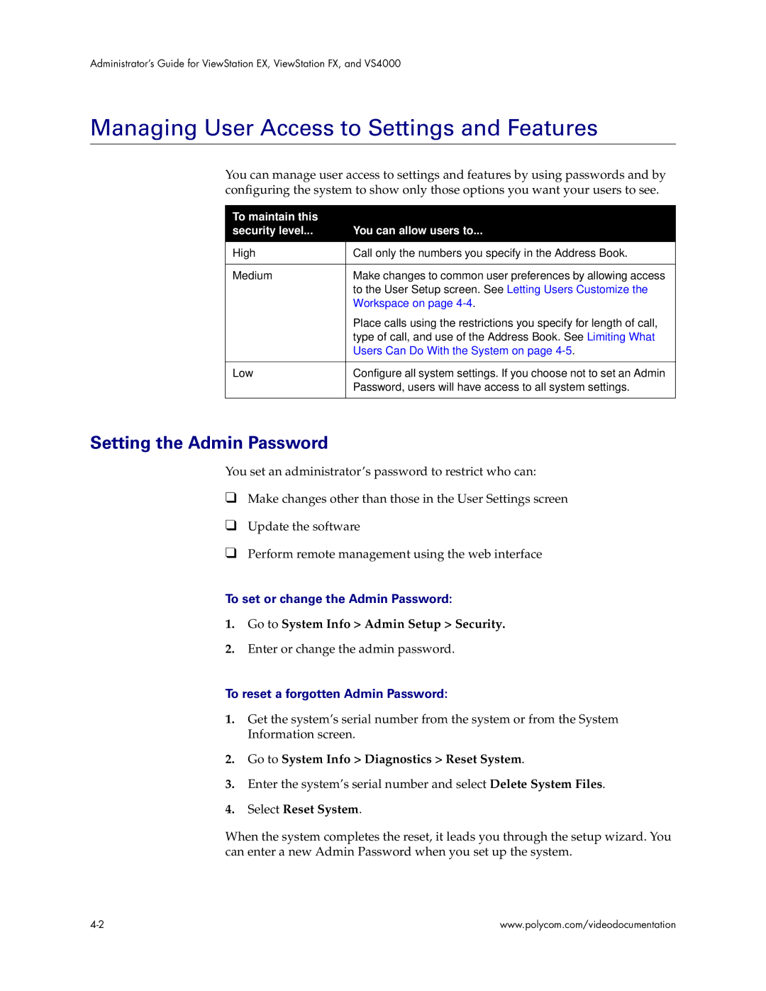 Polycom VS4000 manual Managing User Access to Settings and Features, Setting the Admin Password 