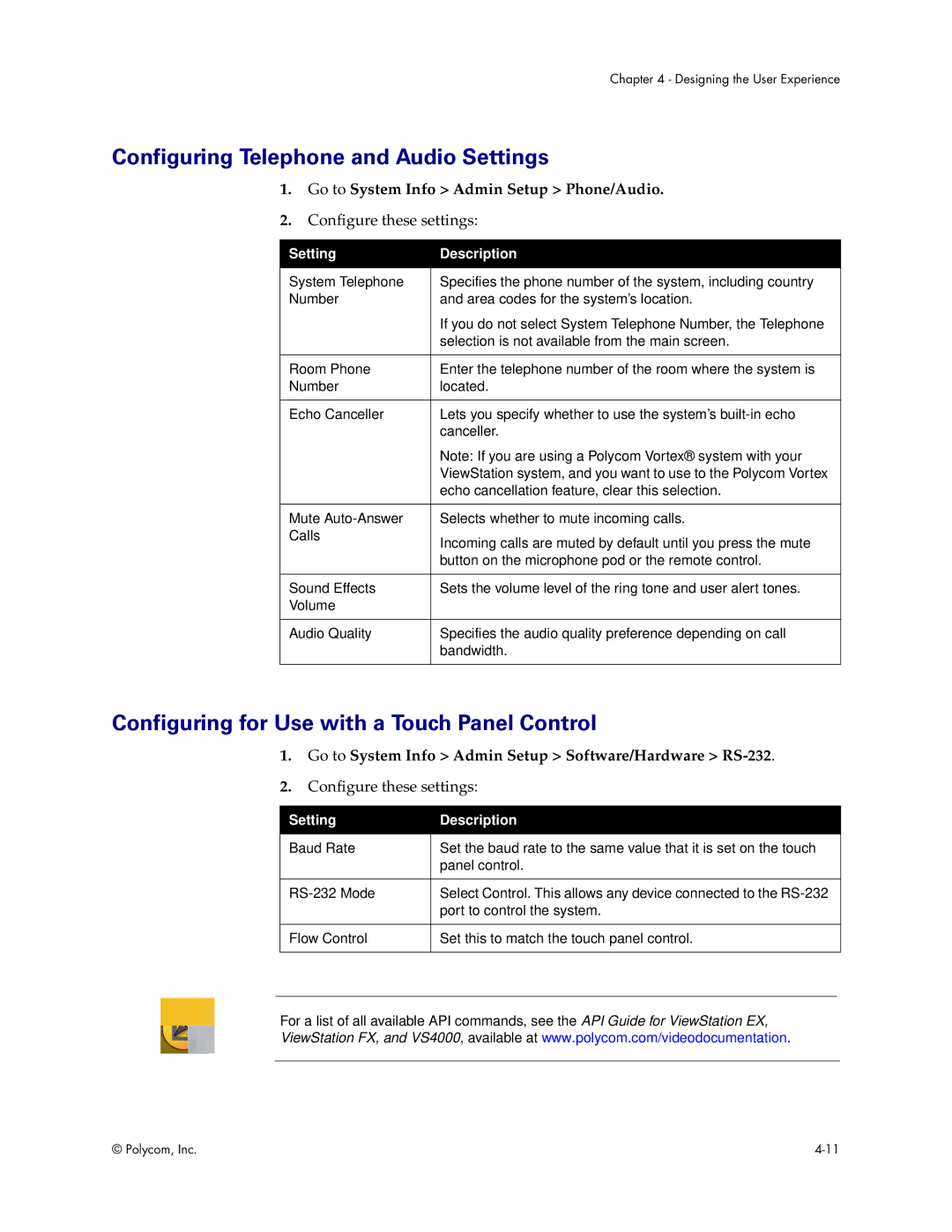 Polycom VS4000 manual Configuring Telephone and Audio Settings, Configuring for Use with a Touch Panel Control 