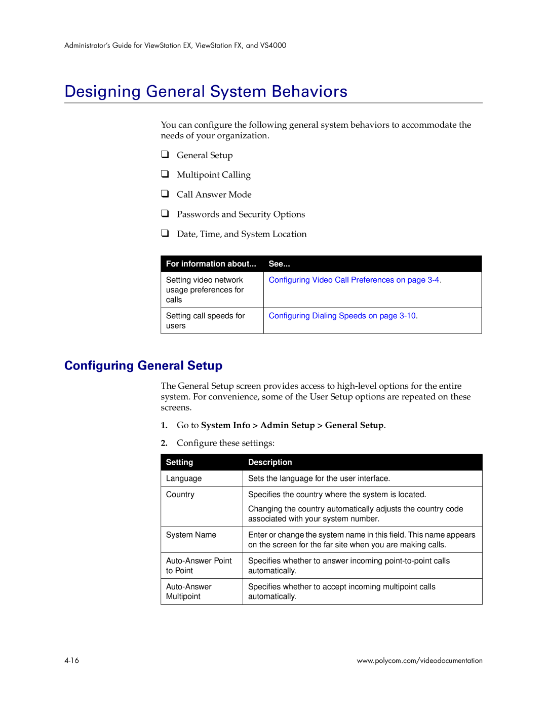 Polycom VS4000 Designing General System Behaviors, Configuring General Setup, Go to System Info Admin Setup General Setup 