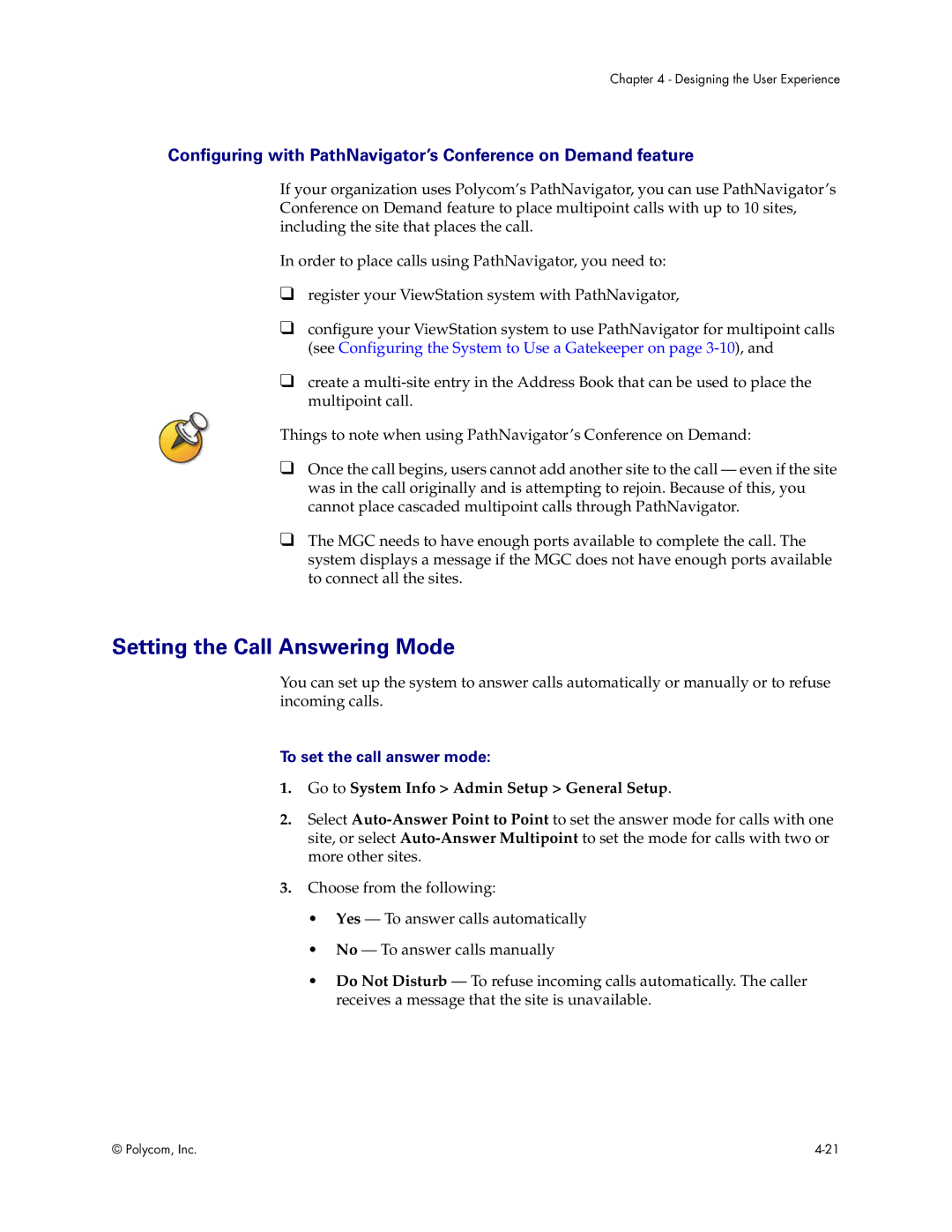 Polycom VS4000 manual Setting the Call Answering Mode, To set the call answer mode 