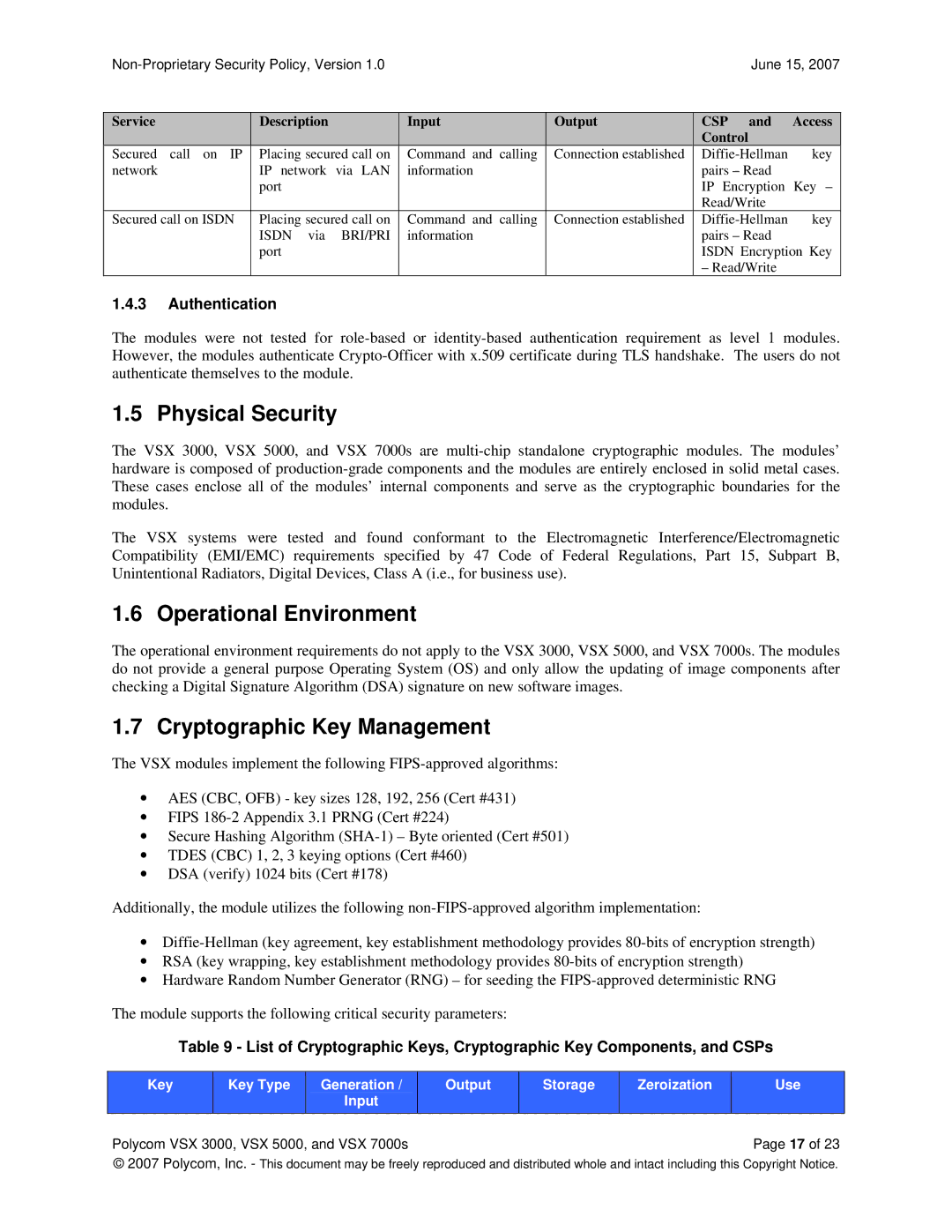 Polycom VSX 7000s, VSX 5000 manual Physical Security, Operational Environment, Cryptographic Key Management, Authentication 