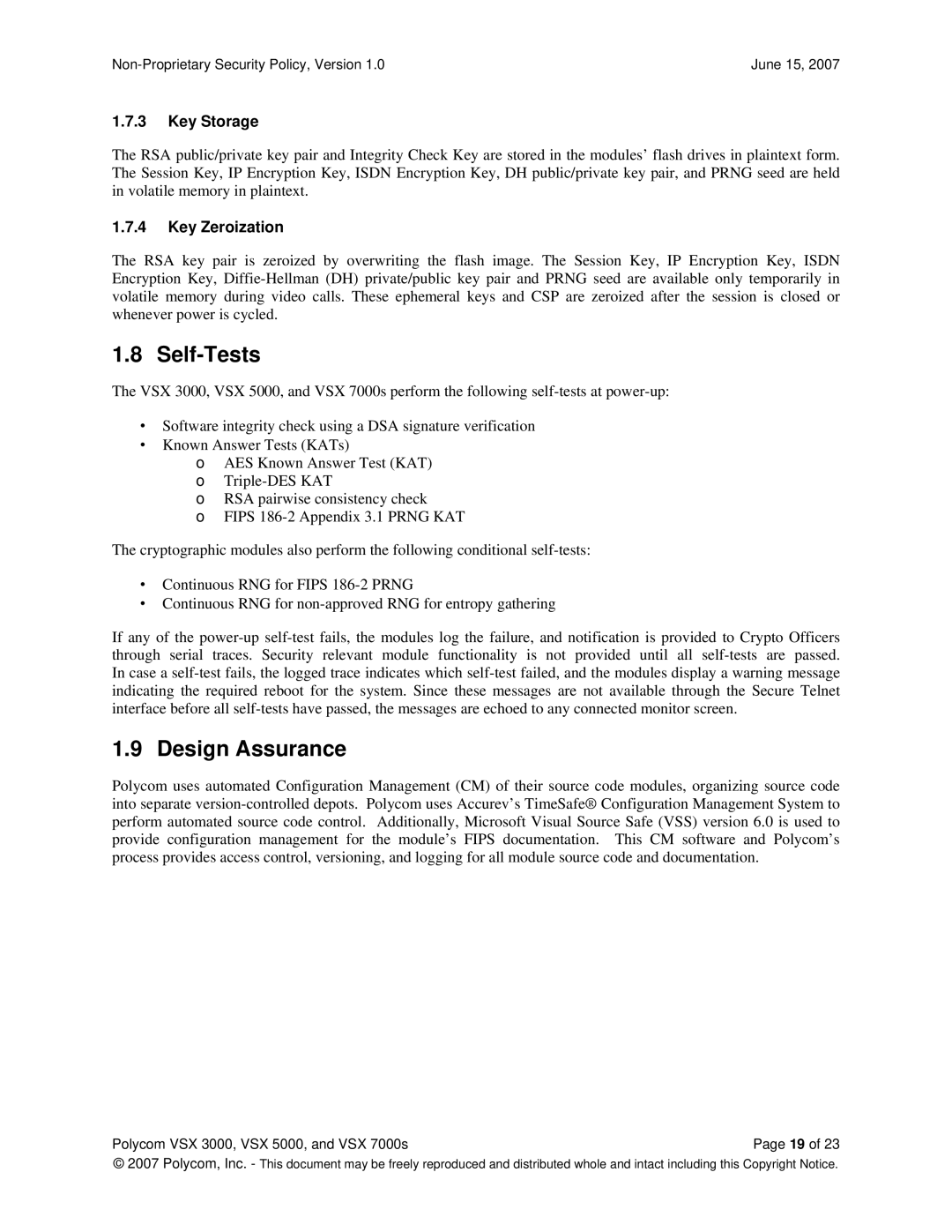 Polycom VSX 3000, VSX 5000, VSX 7000s manual Self-Tests, Design Assurance, Key Storage, Key Zeroization 