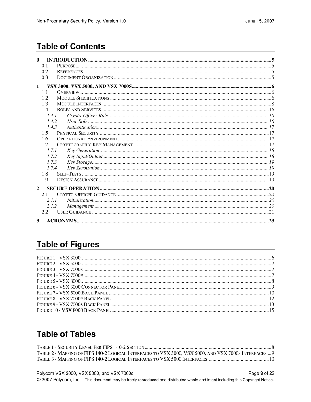 Polycom VSX 5000, VSX 3000, VSX 7000s manual Table of Contents, Table of Figures, Table of Tables 