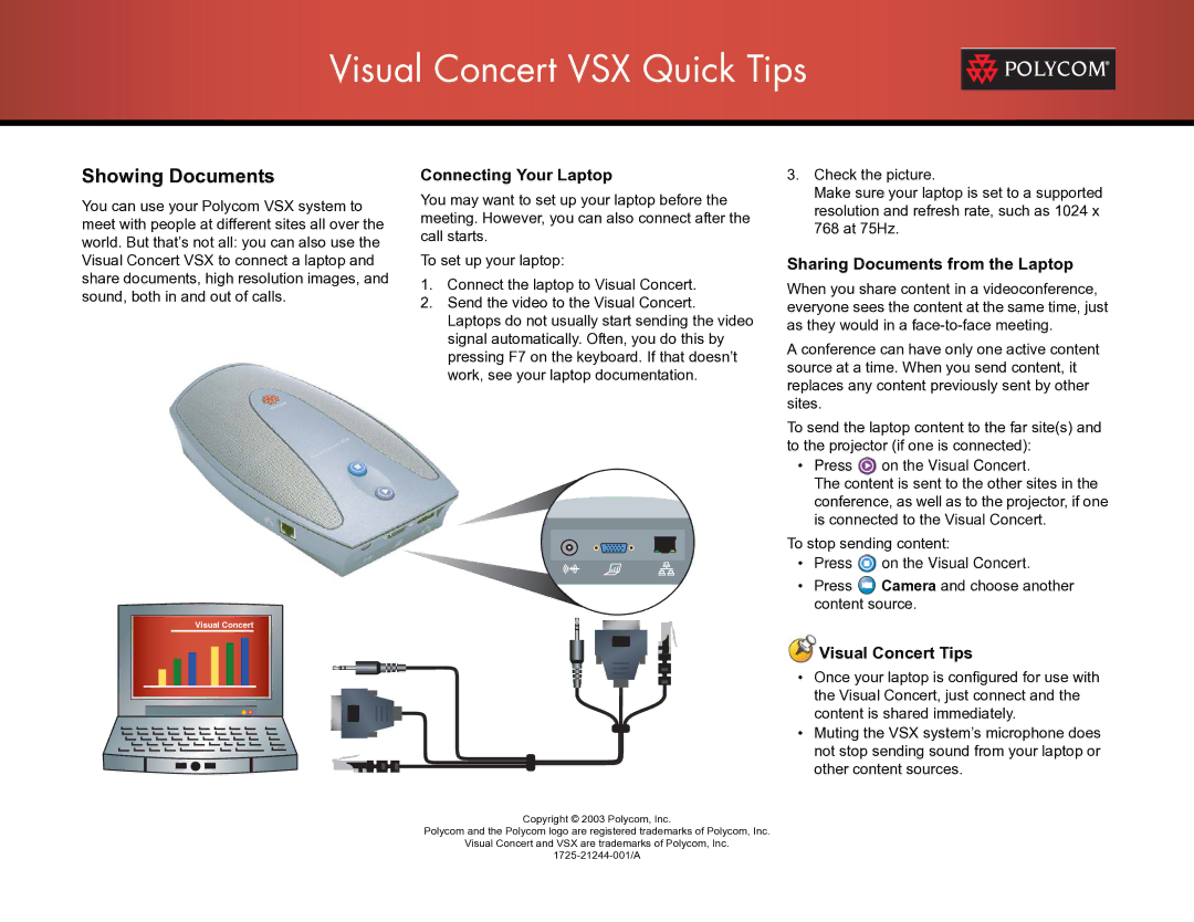 Polycom VSX 7000 Showing Documents, Connecting Your Laptop, Sharing Documents from the Laptop, Visual Concert Tips 