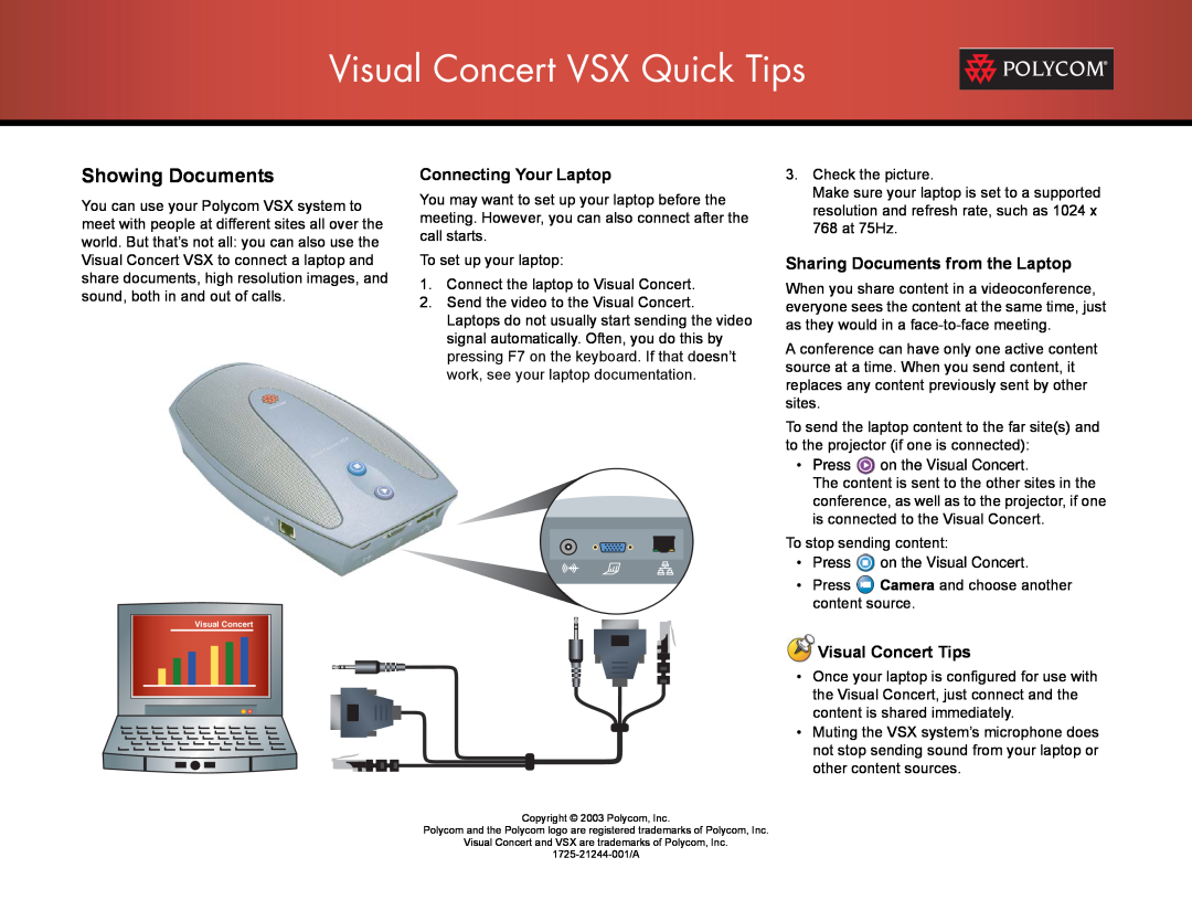 Polycom VSX 7000 Showing Documents, Connecting Your Laptop, Sharing Documents from the Laptop, Visual Concert Tips 