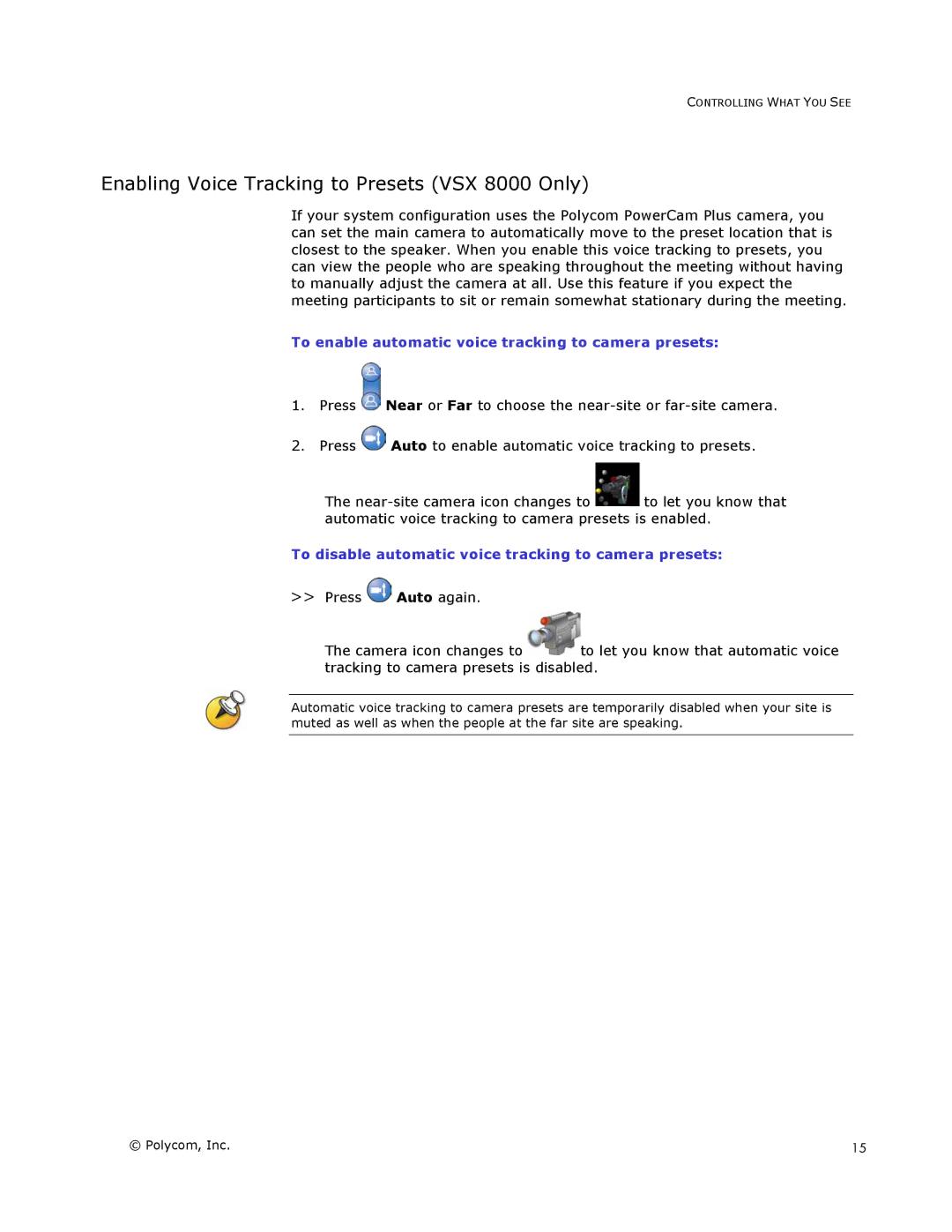 Polycom VSX Series Enabling Voice Tracking to Presets VSX 8000 Only, To enable automatic voice tracking to camera presets 