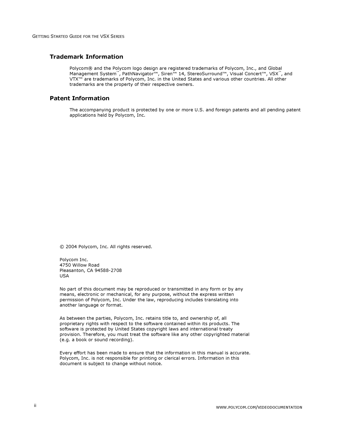 Polycom VSX Series manual Trademark Information, Patent Information 