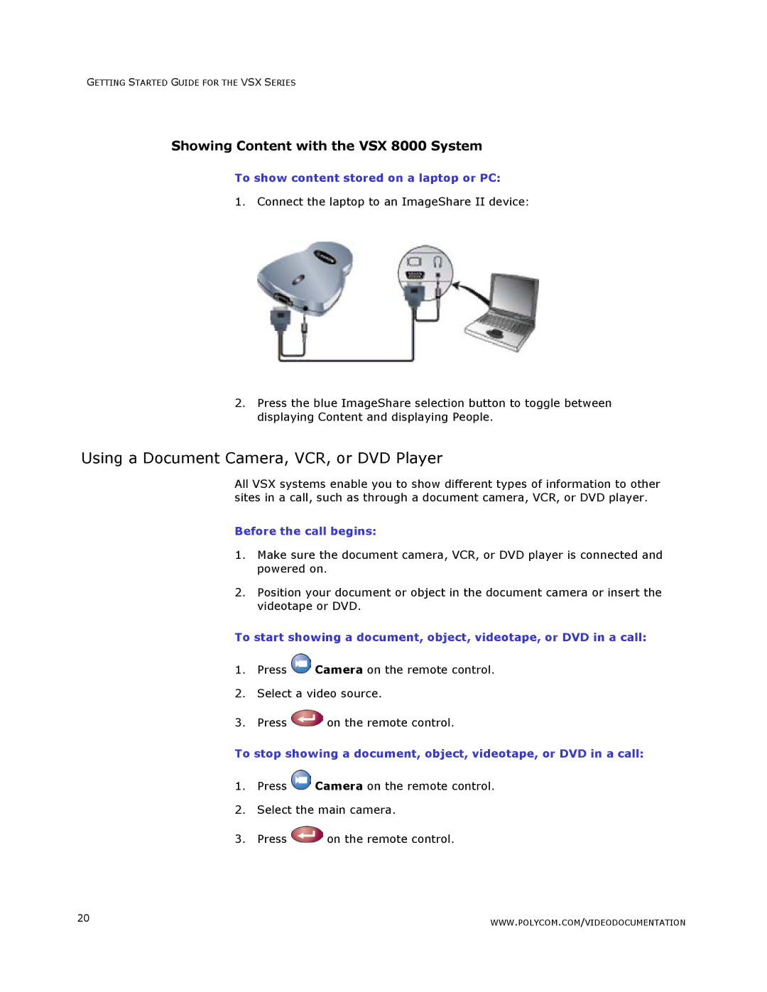 Polycom VSX Series manual Using a Document Camera, VCR, or DVD Player, Showing Content with the VSX 8000 System 