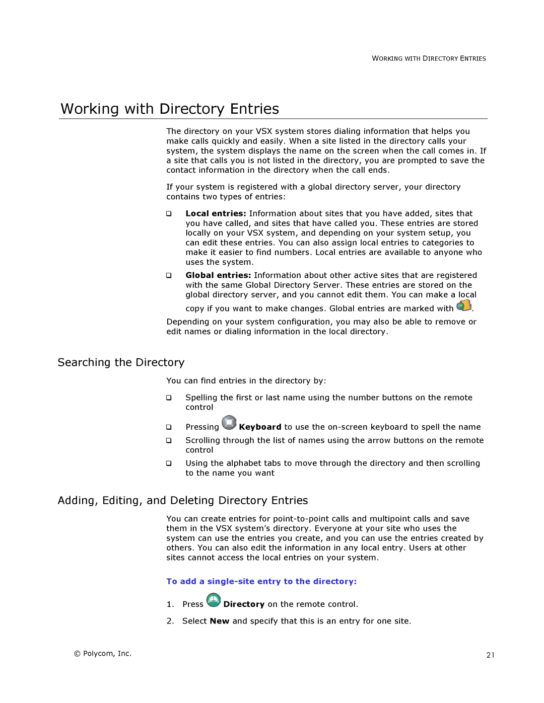 Polycom VSX Series Working with Directory Entries, Searching the Directory, To add a single-site entry to the directory 