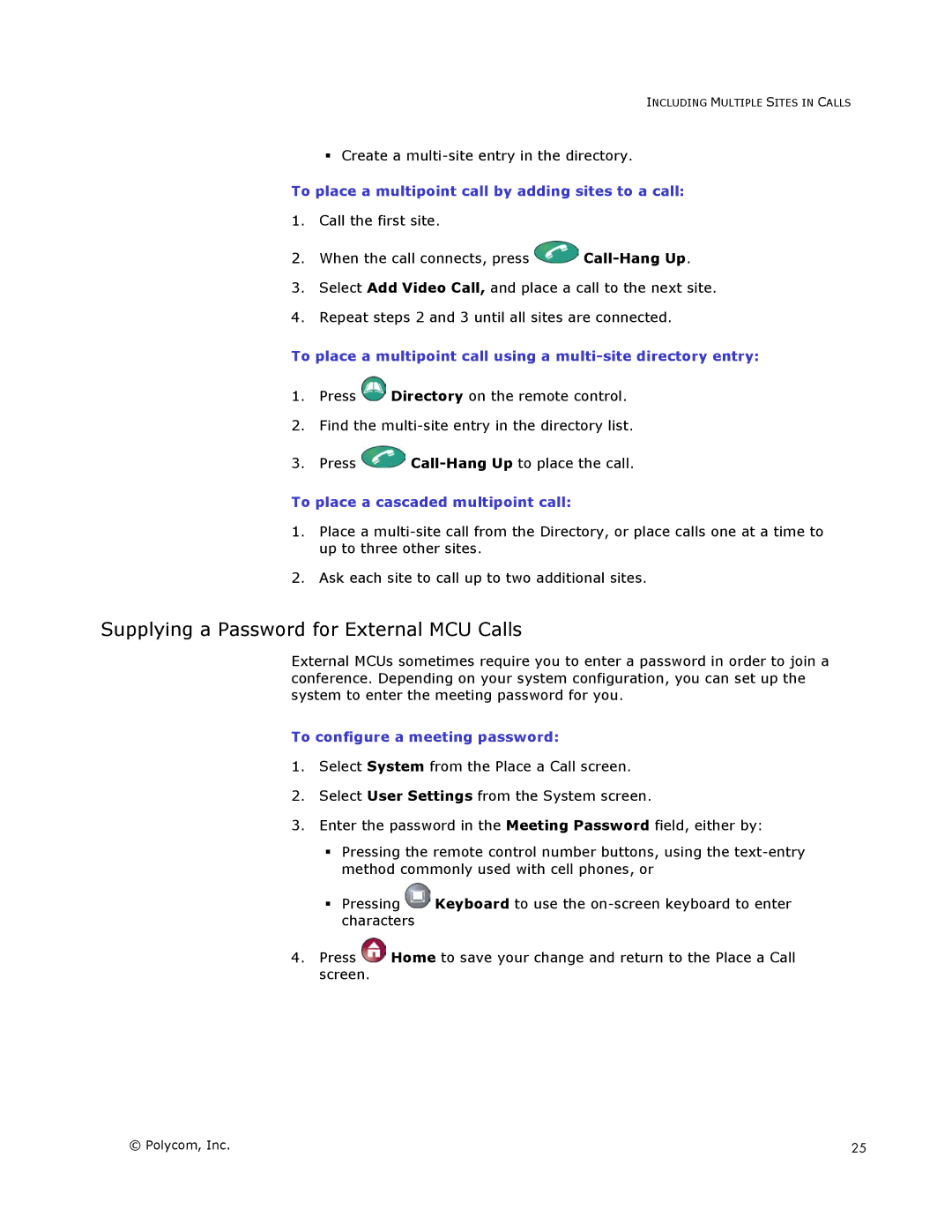 Polycom VSX Series manual Supplying a Password for External MCU Calls, ƒ Create a multi-site entry in the directory 