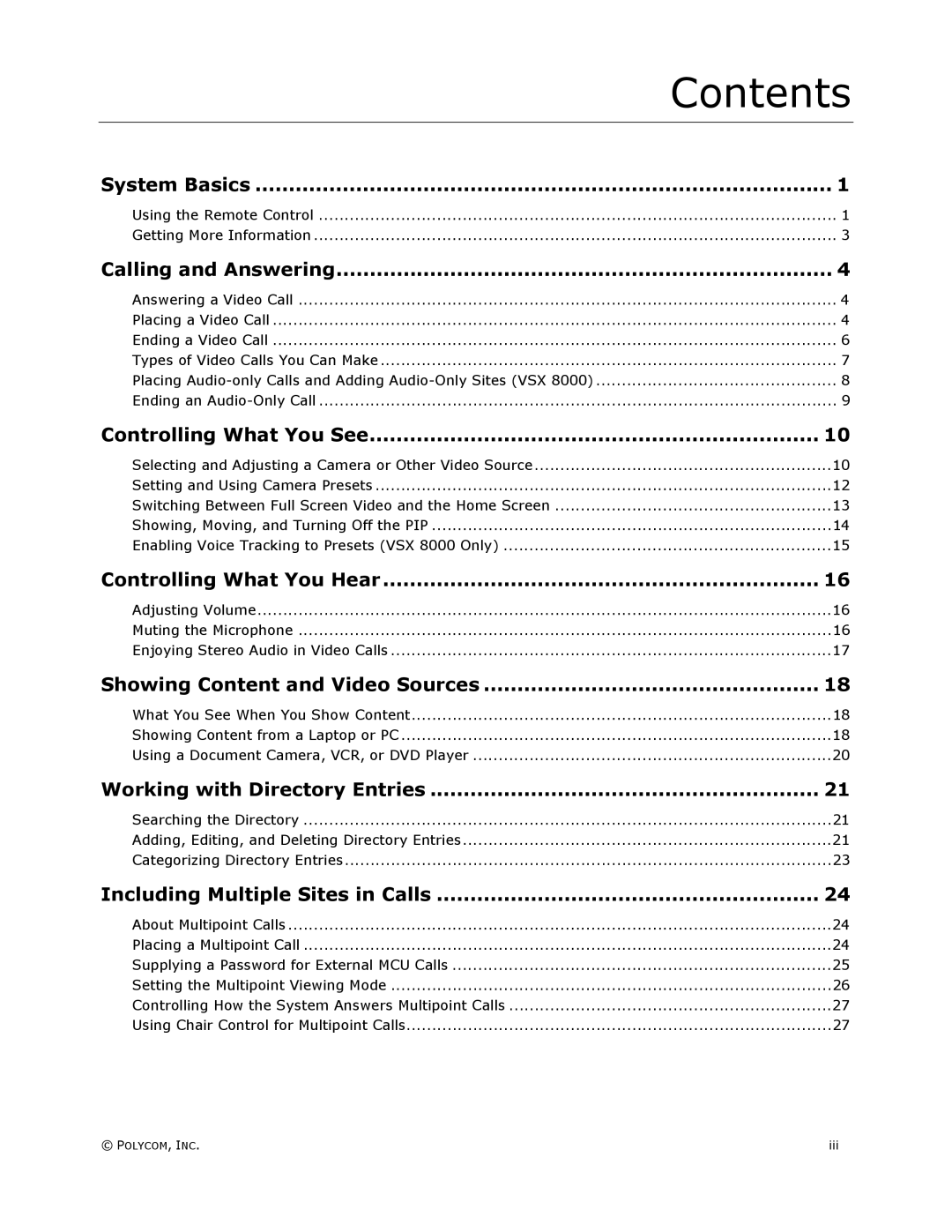 Polycom VSX Series manual Contents 